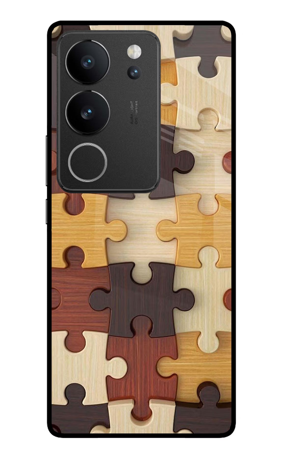 Wooden Puzzle Vivo V29/V29 Pro Glass Case Back Cover by Casekaro