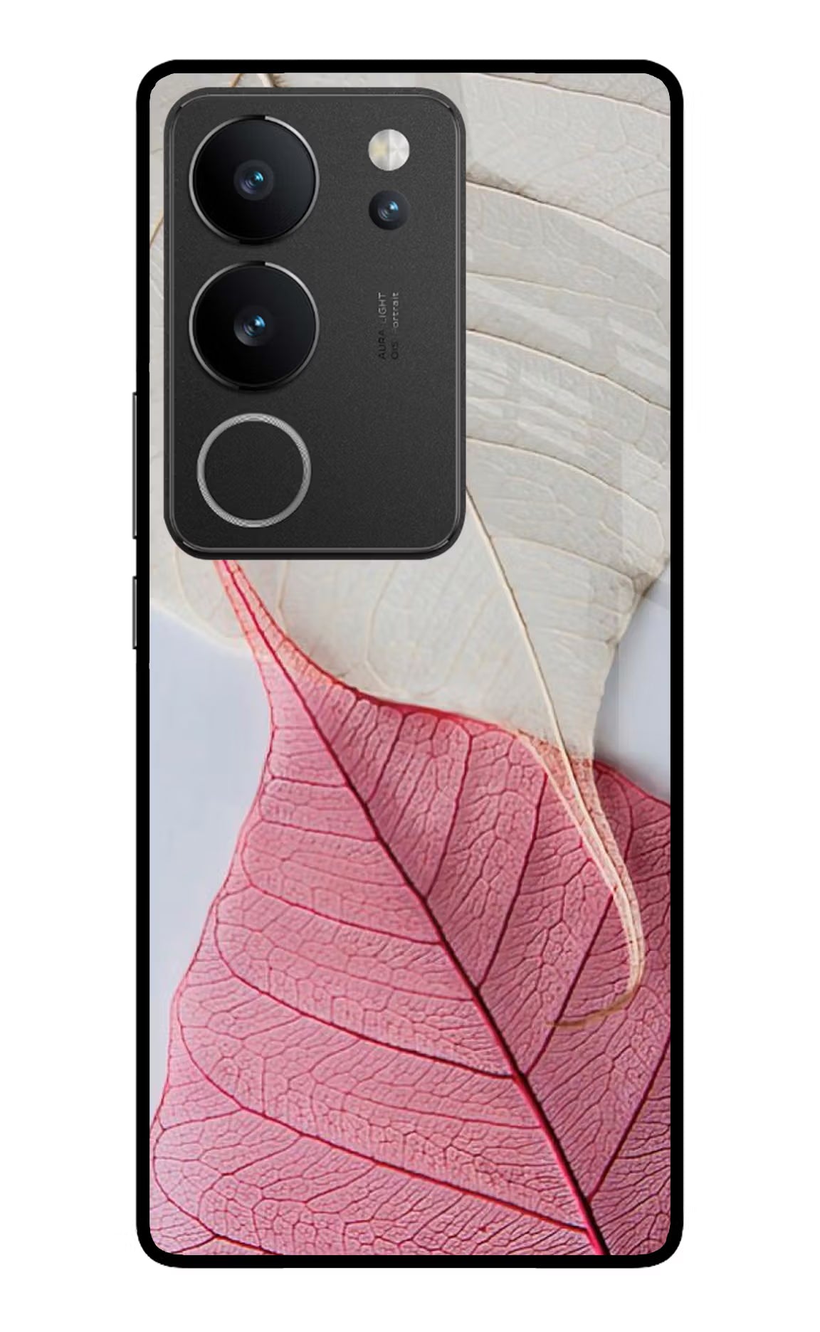 White Pink Leaf Vivo V29/V29 Pro Glass Case Back Cover by Casekaro