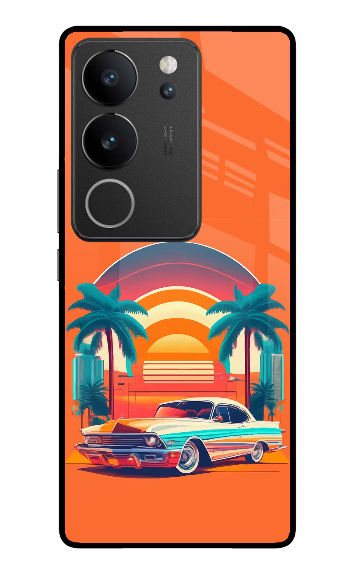 Palm Drive 80s Vivo V29/V29 Pro Glass Case Back Cover by Casekaro