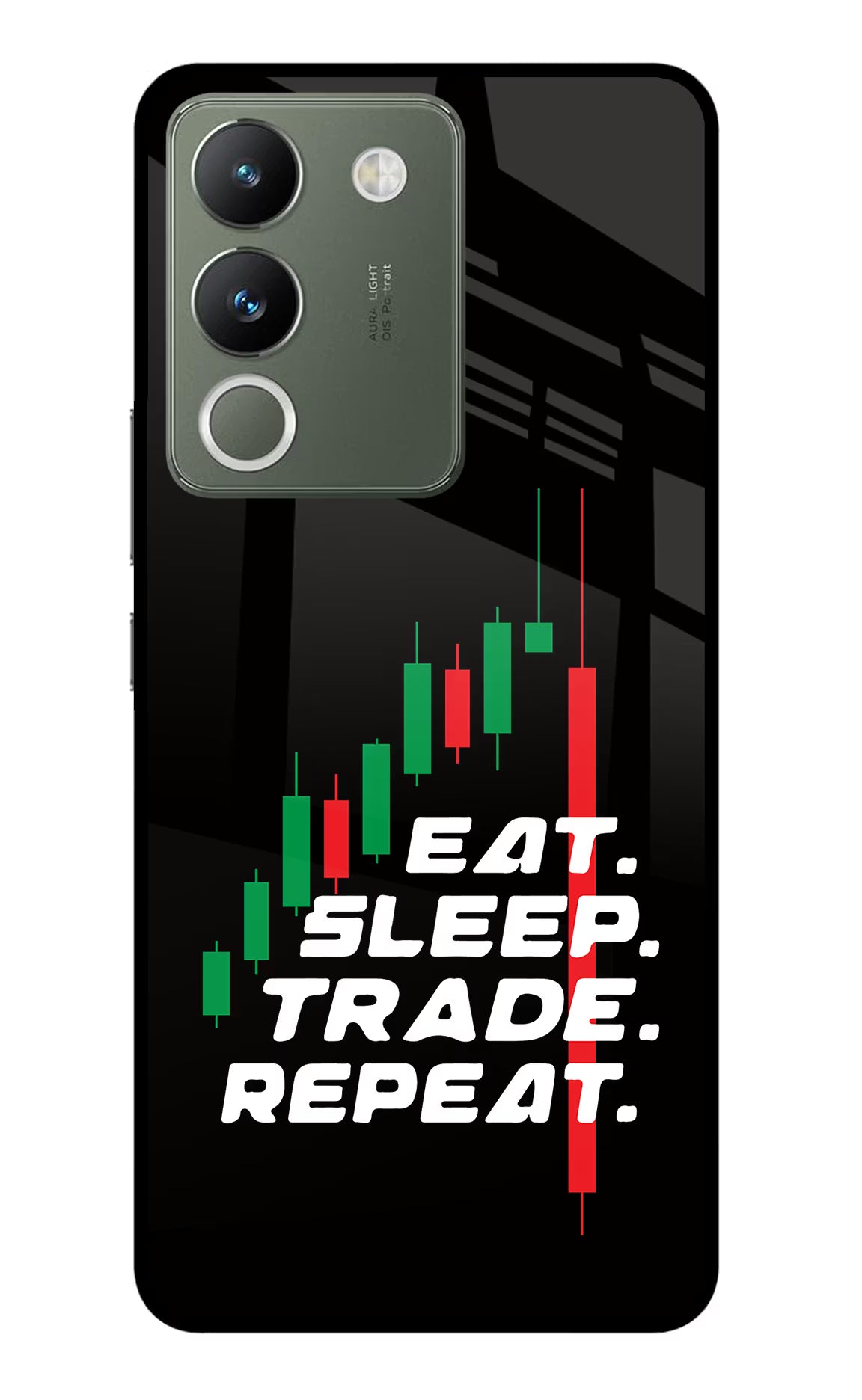 Eat Sleep Trade Repeat Vivo Y200 5G Glass Case Back Cover by Casekaro