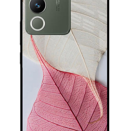 White Pink Leaf Vivo Y200 5G Glass Case Back Cover by Casekaro