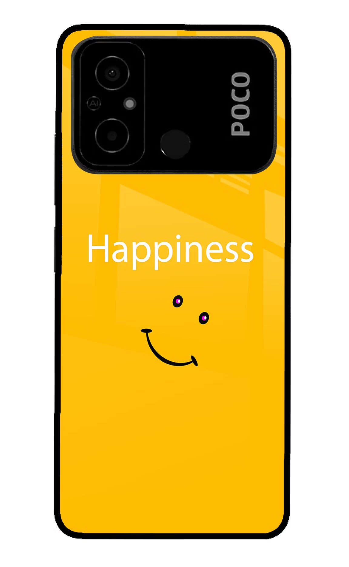 Happiness With Smiley Poco C55 Glass Case Back Cover by Casekaro