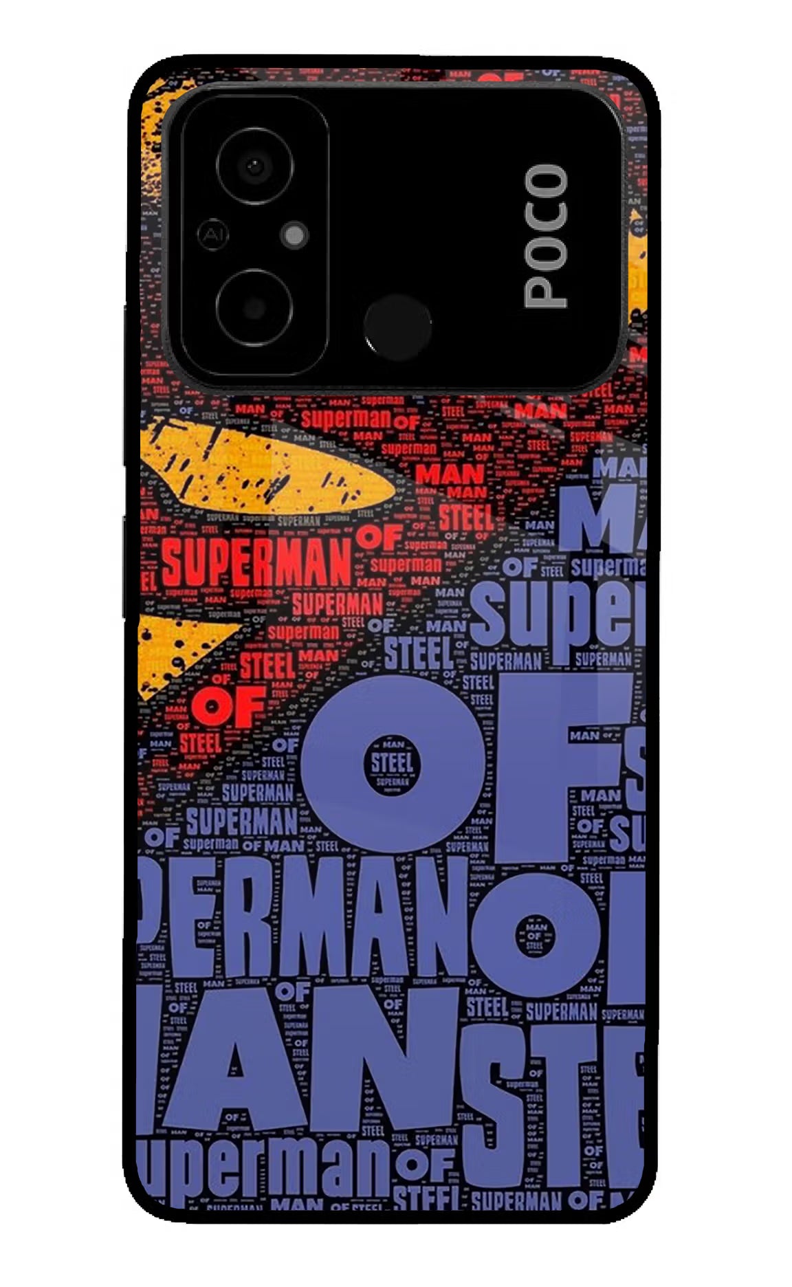 Superman Poco C55 Glass Case Back Cover by Casekaro