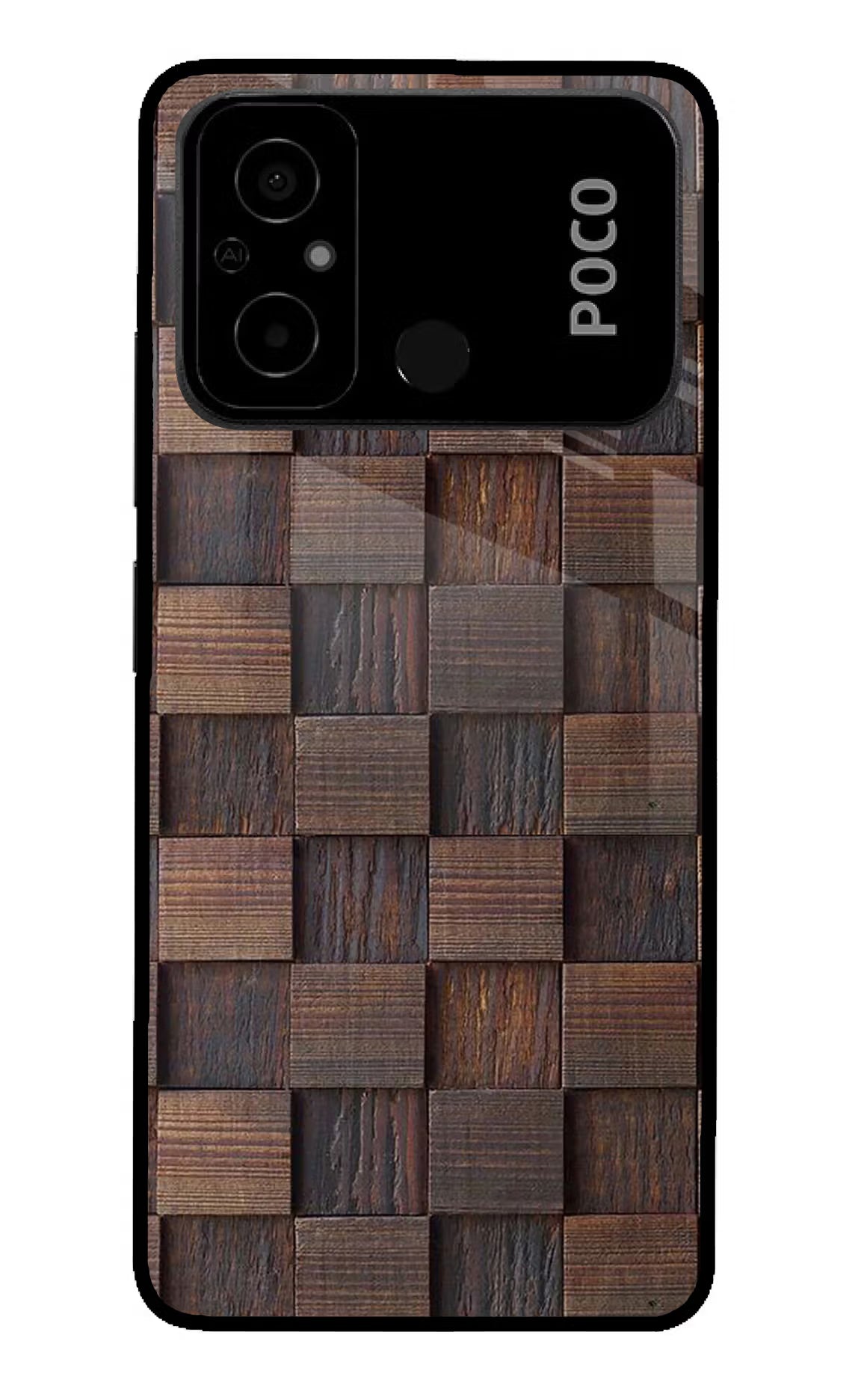 Wooden Cube Design Poco C55 Glass Case Back Cover by Casekaro