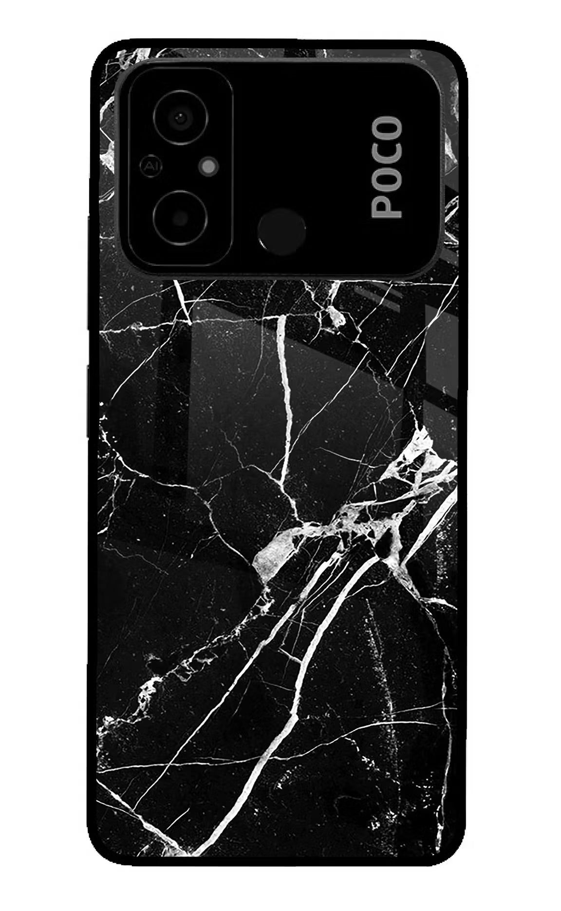 Black Marble Pattern Poco C55 Glass Case Back Cover by Casekaro