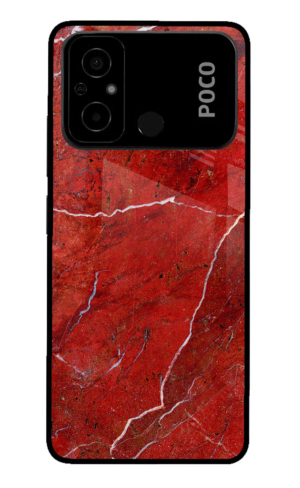 Red Marble Design Poco C55 Glass Case Back Cover by Casekaro