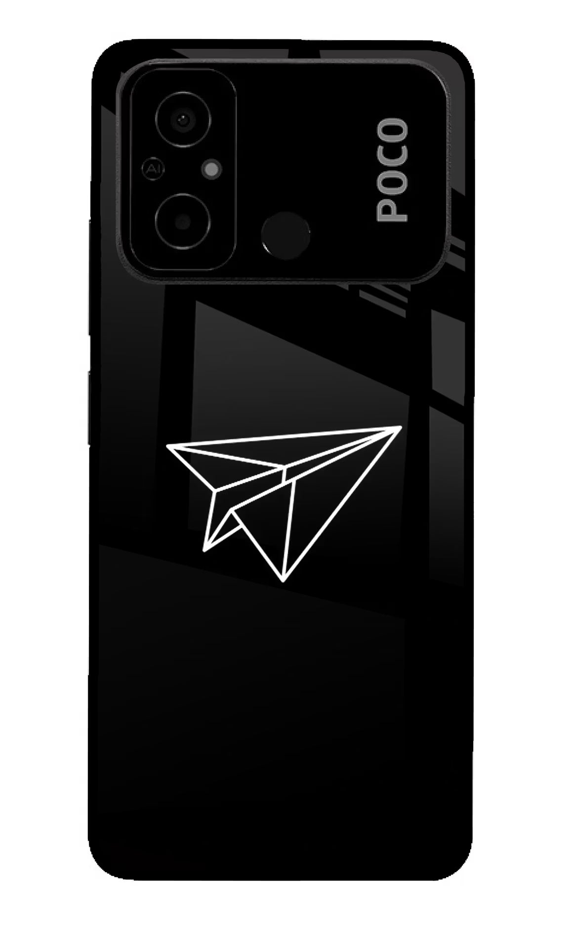 Paper Plane White Poco C55 Glass Case Back Cover by Casekaro