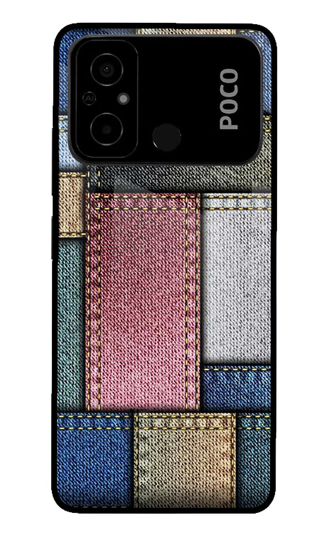 Multicolor Jeans Poco C55 Glass Case Back Cover by Casekaro