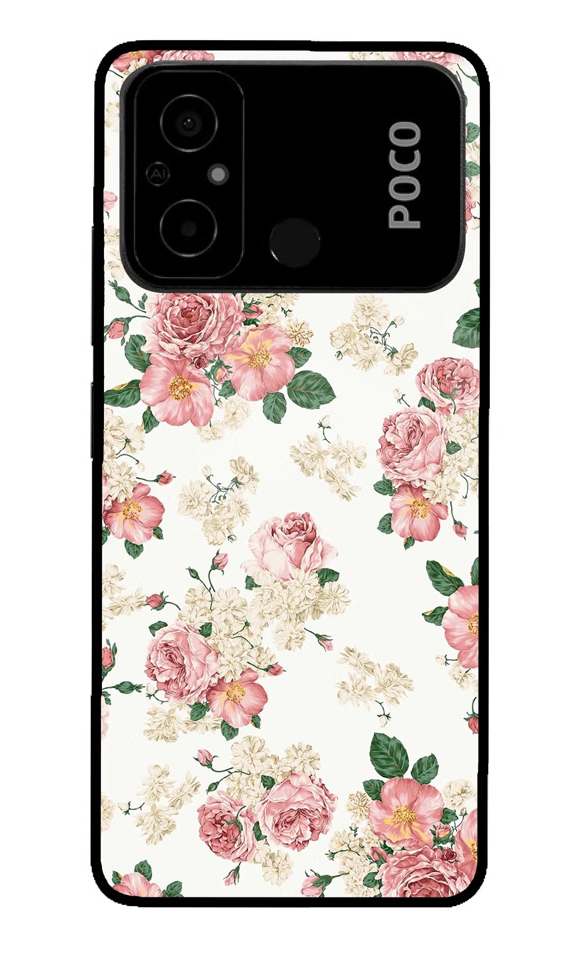 Flowers Poco C55 Glass Case Back Cover by Casekaro