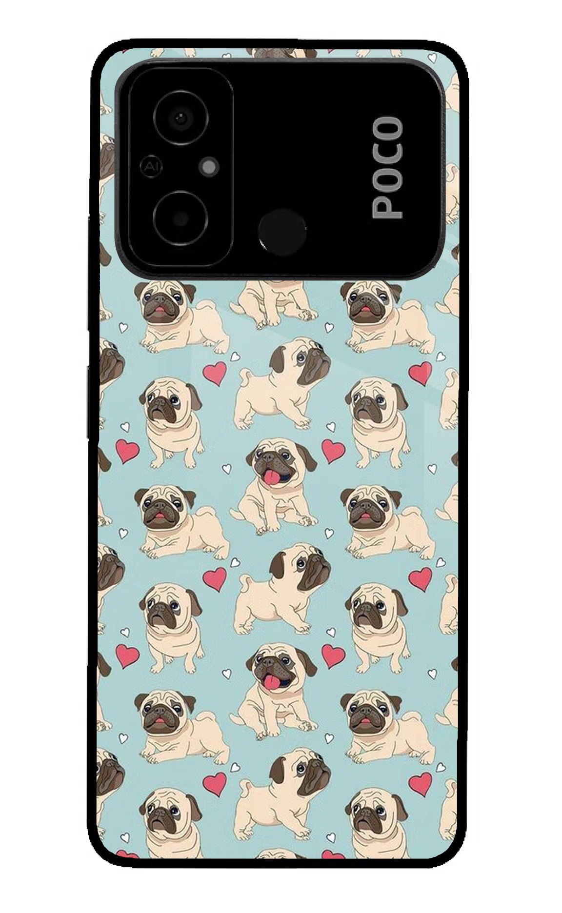 Pug Dog Poco C55 Glass Case Back Cover by Casekaro