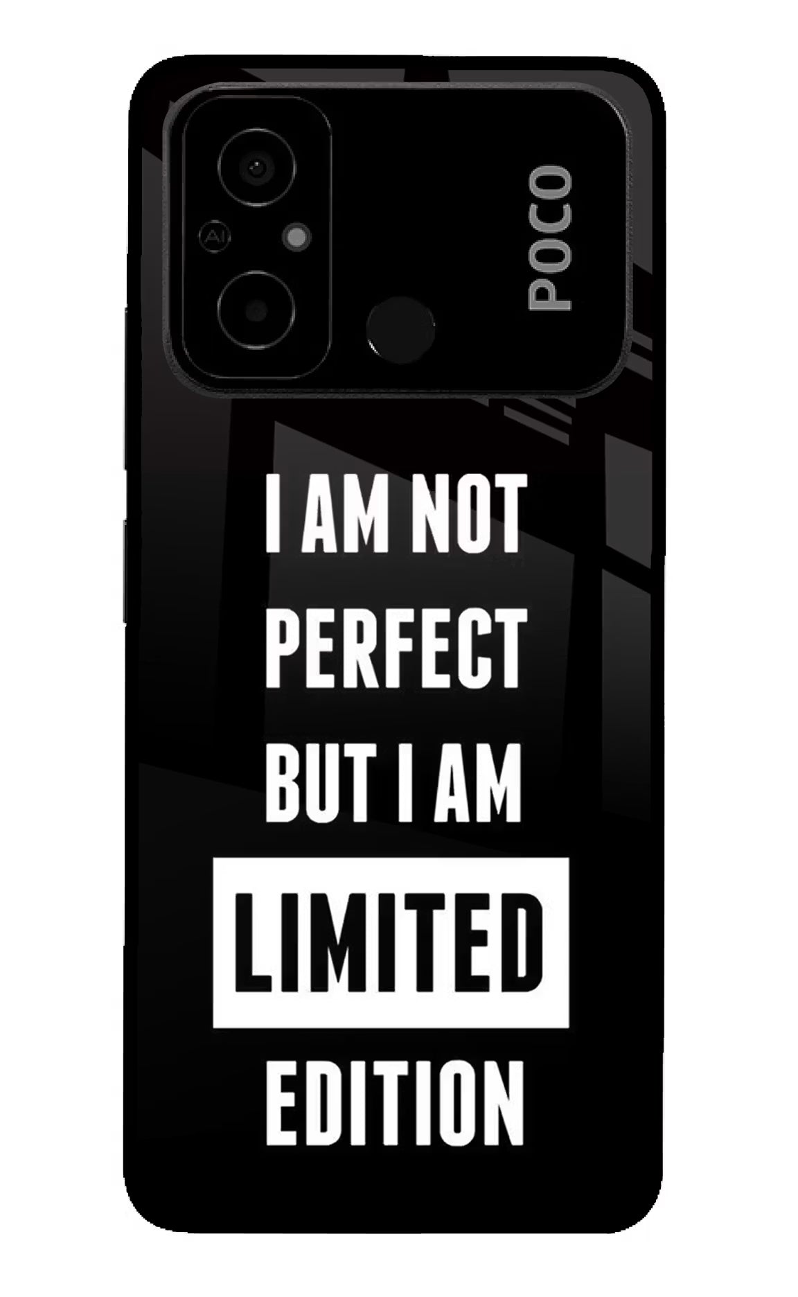I Am Not Perfect But I Am Limited Edition Poco C55 Glass Case Back Cover by Casekaro