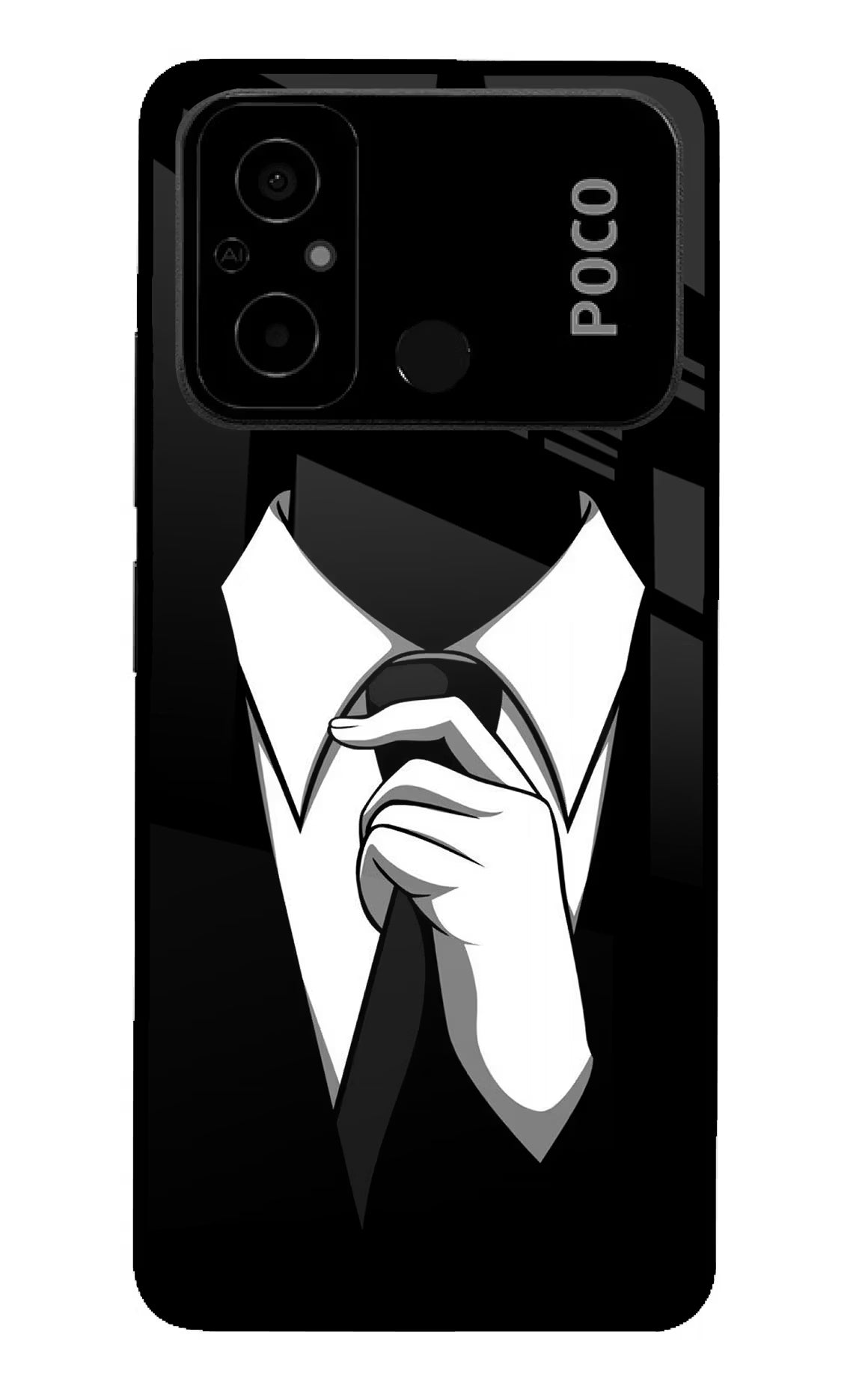 Black Tie Poco C55 Glass Case Back Cover by Casekaro