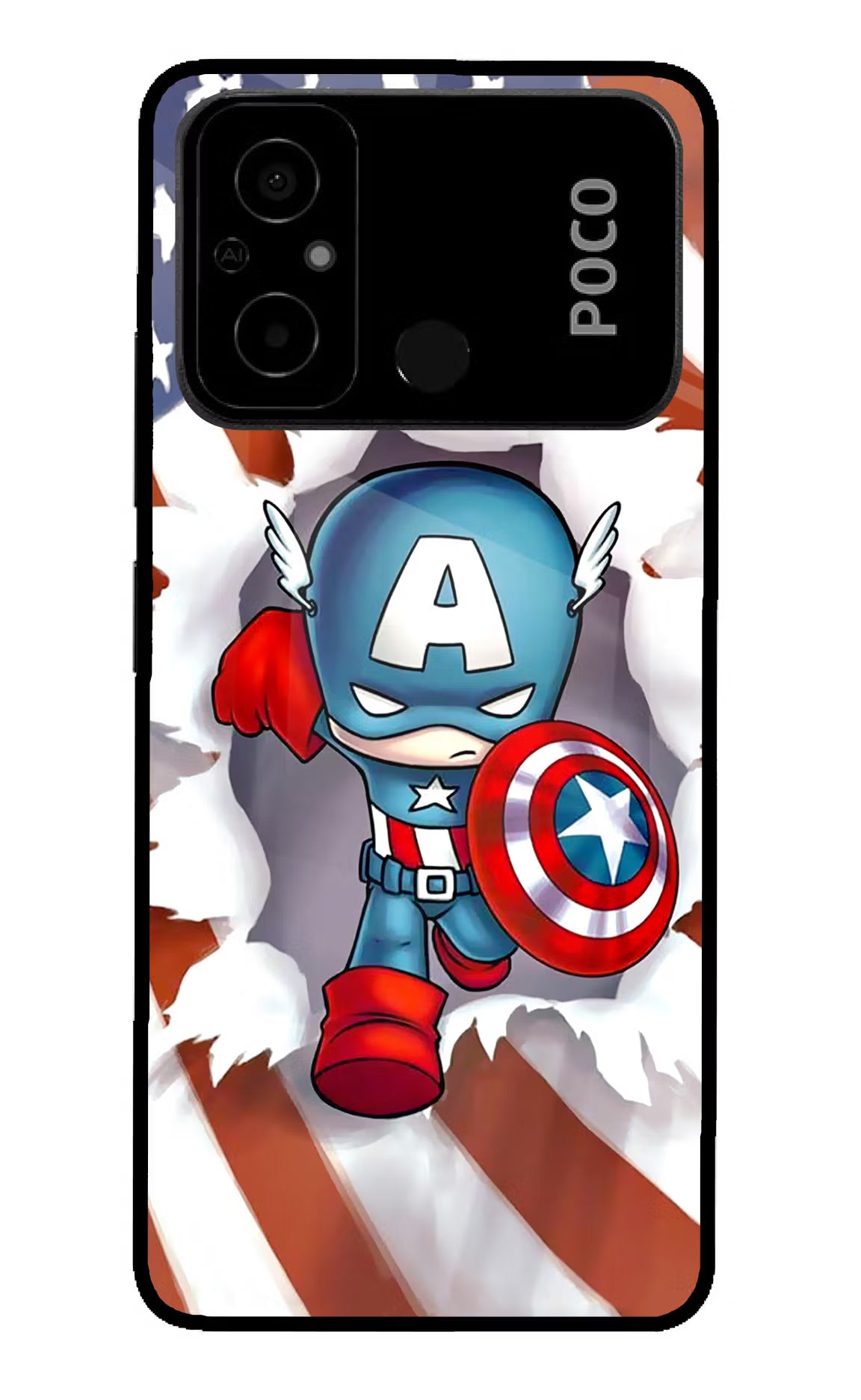 Captain America Poco C55 Glass Case Back Cover by Casekaro