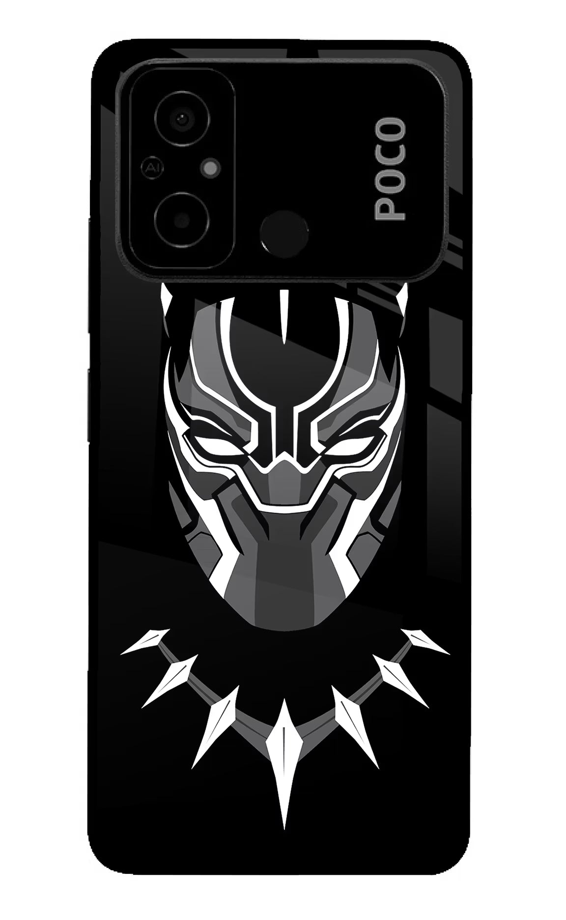 Black Panther Poco C55 Glass Case Back Cover by Casekaro