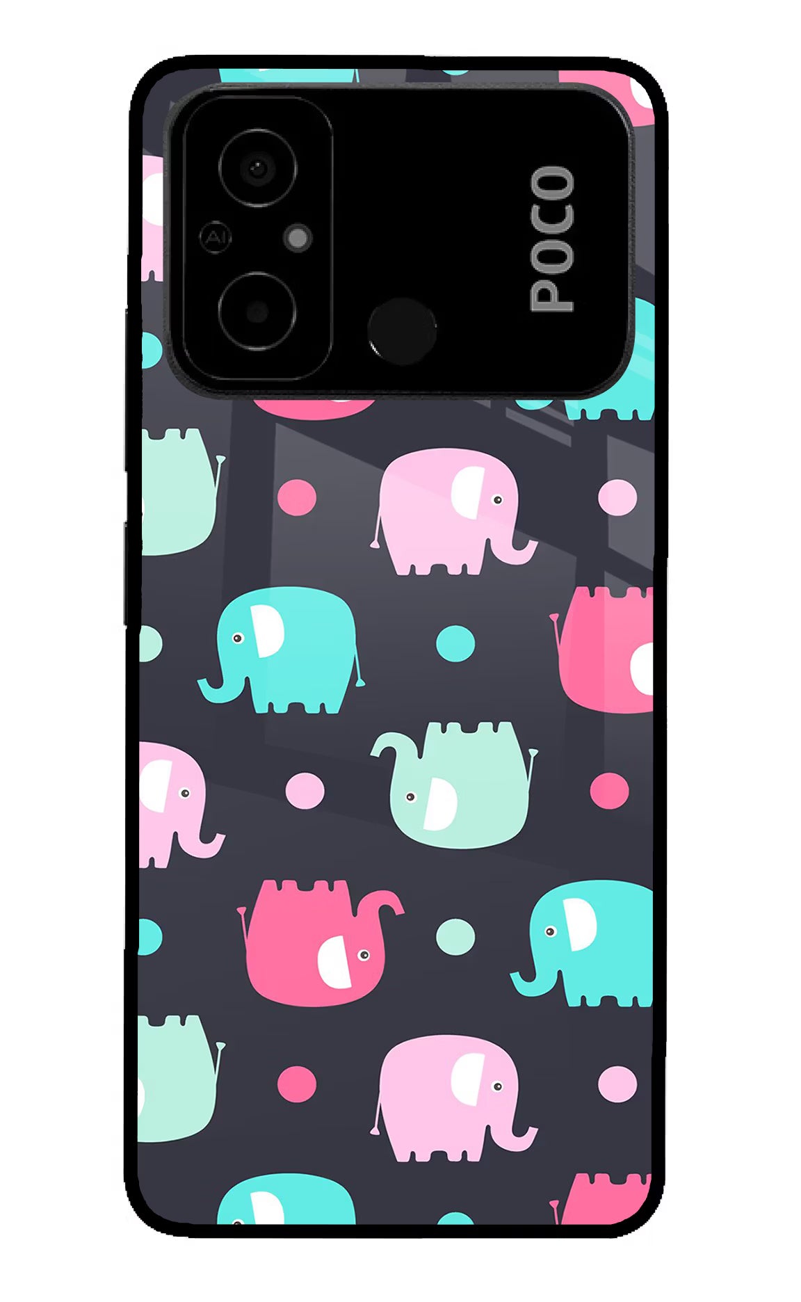Elephants Poco C55 Glass Case Back Cover by Casekaro