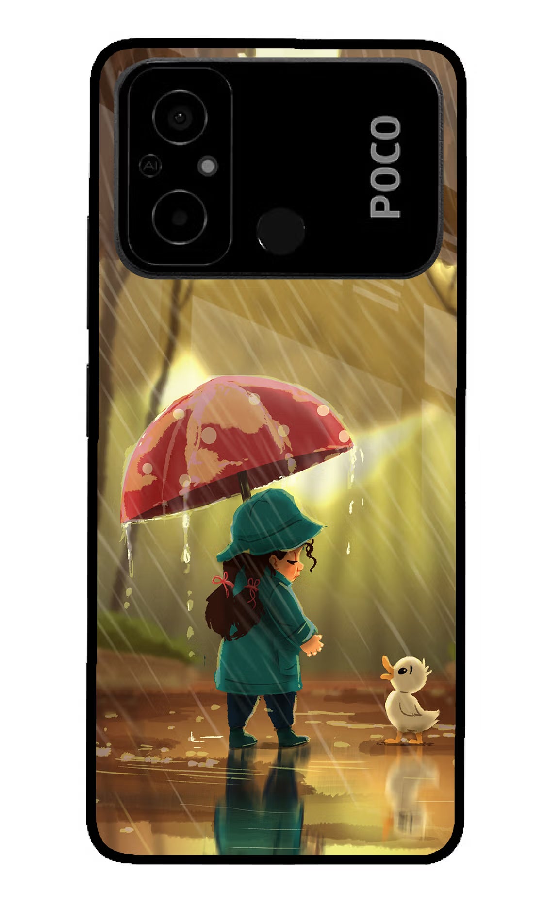 Rainy Day Poco C55 Glass Case Back Cover by Casekaro
