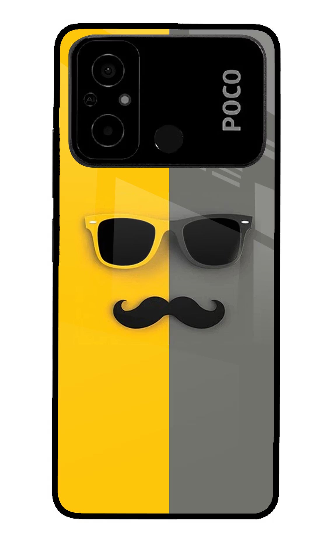 Sunglasses with Mustache Poco C55 Glass Case Back Cover by Casekaro