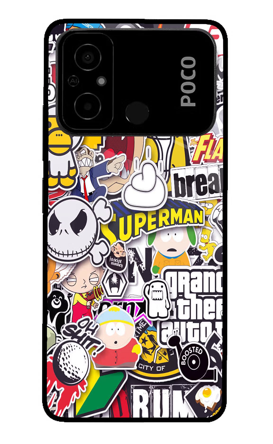 Sticker Bomb Poco C55 Glass Case Back Cover by Casekaro