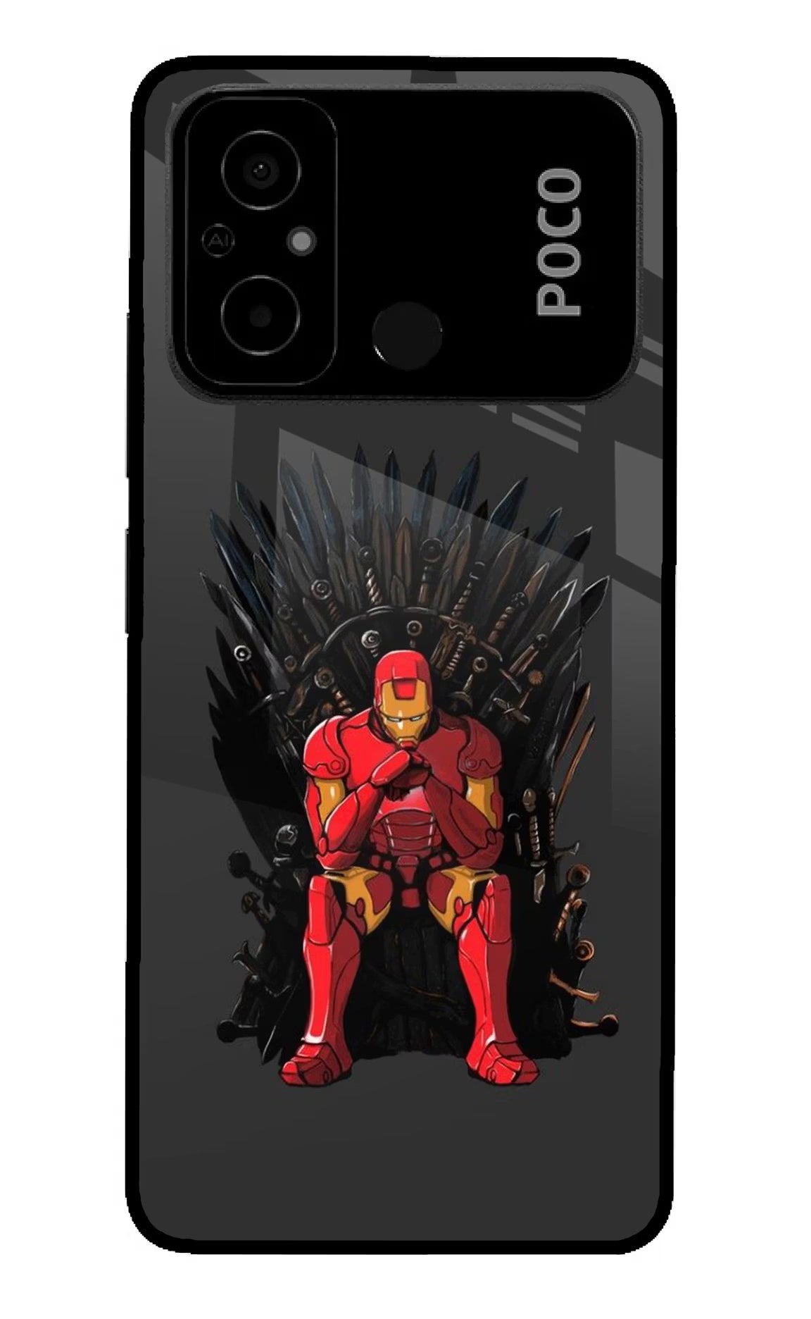 Ironman Throne Poco C55 Glass Case Back Cover by Casekaro