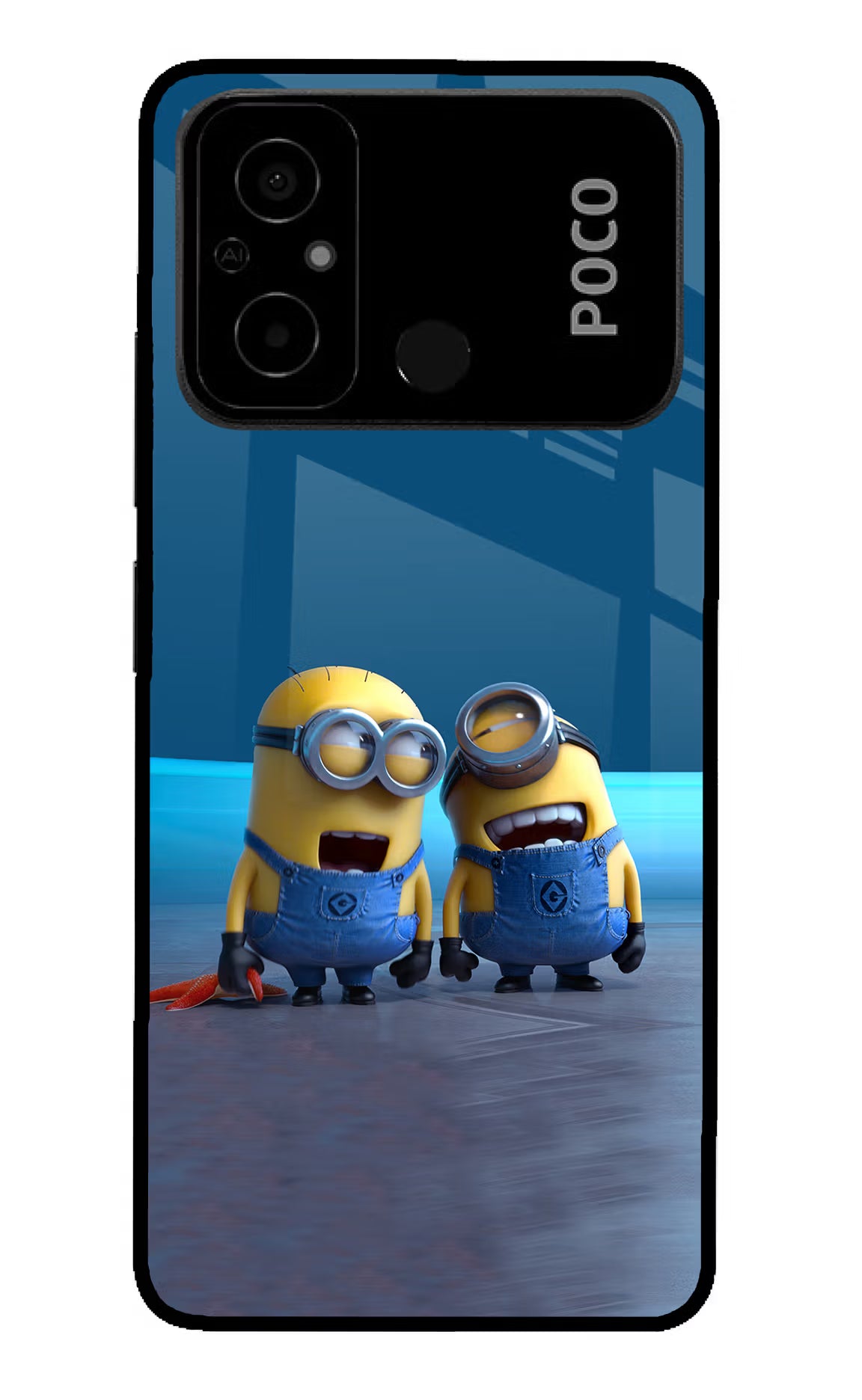 Minion Laughing Poco C55 Glass Case Back Cover by Casekaro