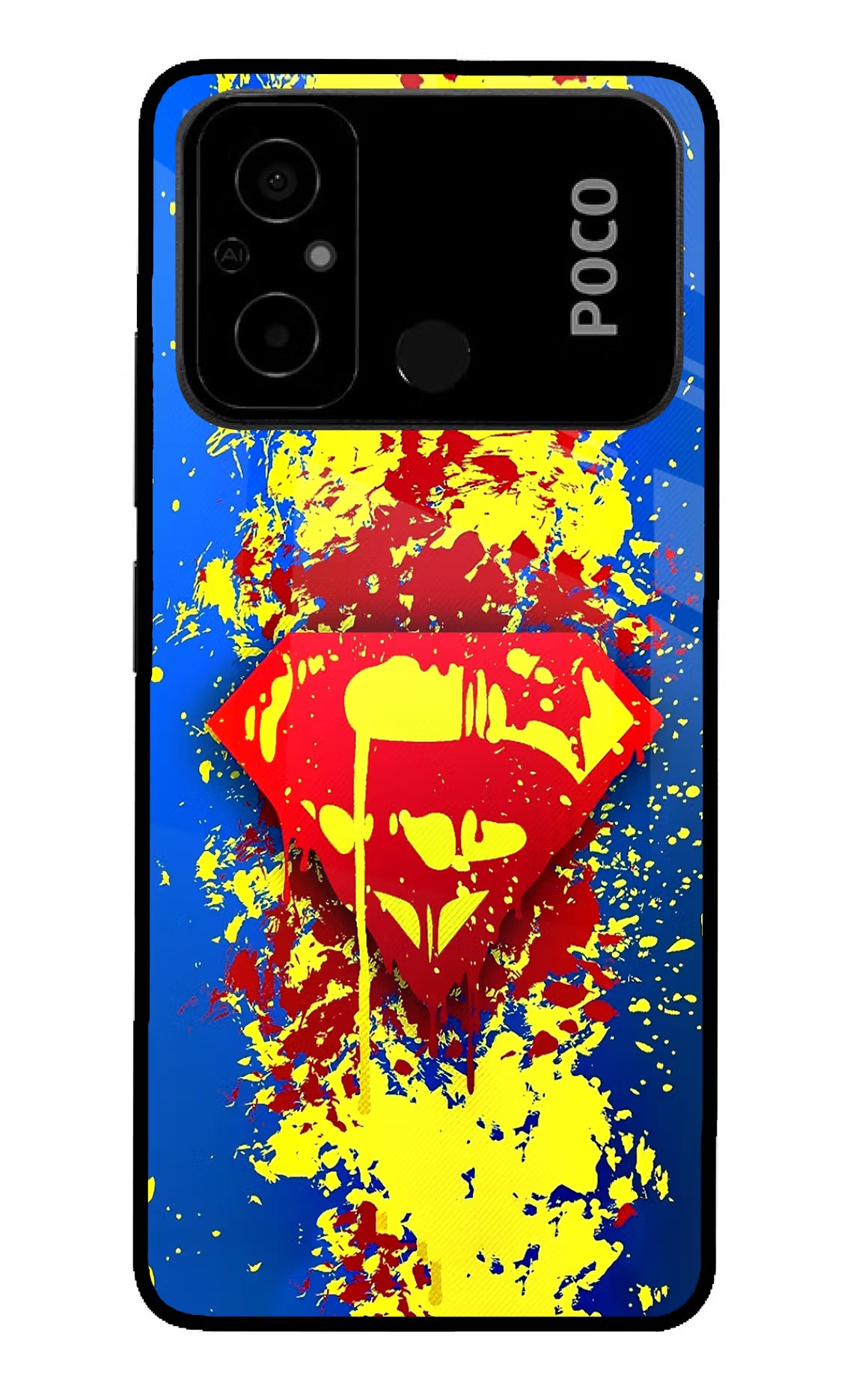 Superman logo Poco C55 Glass Case Back Cover by Casekaro