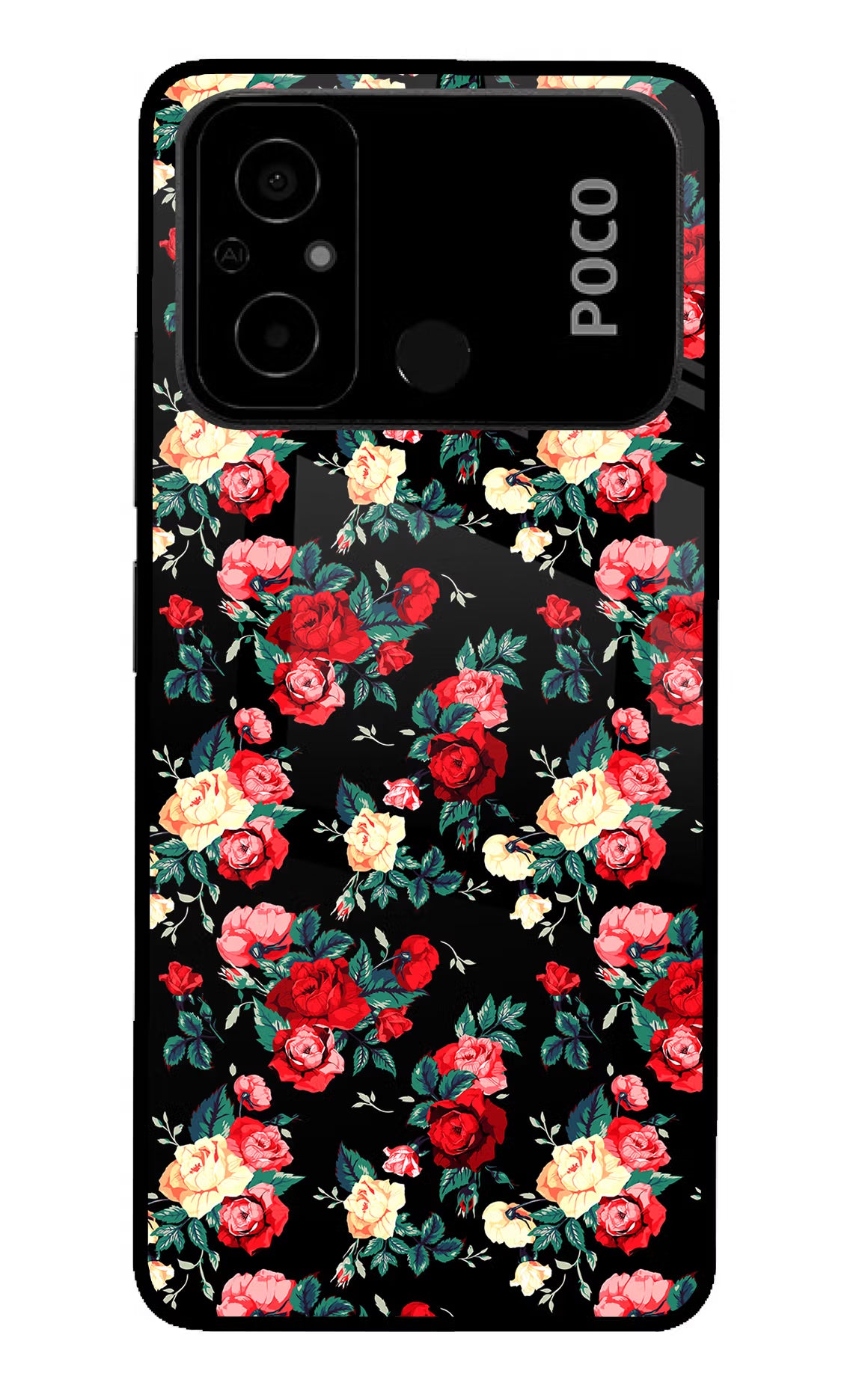 Rose Pattern Poco C55 Glass Case Back Cover by Casekaro
