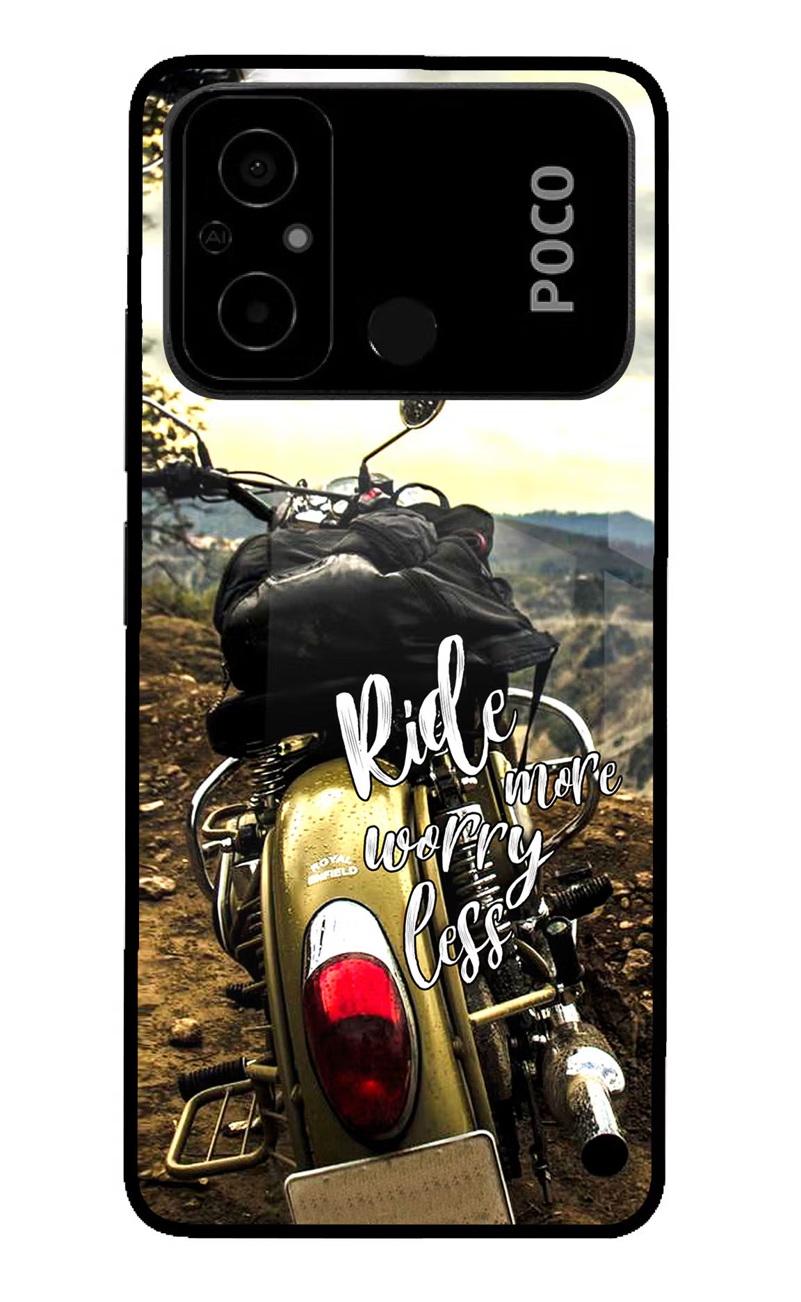 Ride More Worry Less Poco C55 Glass Case