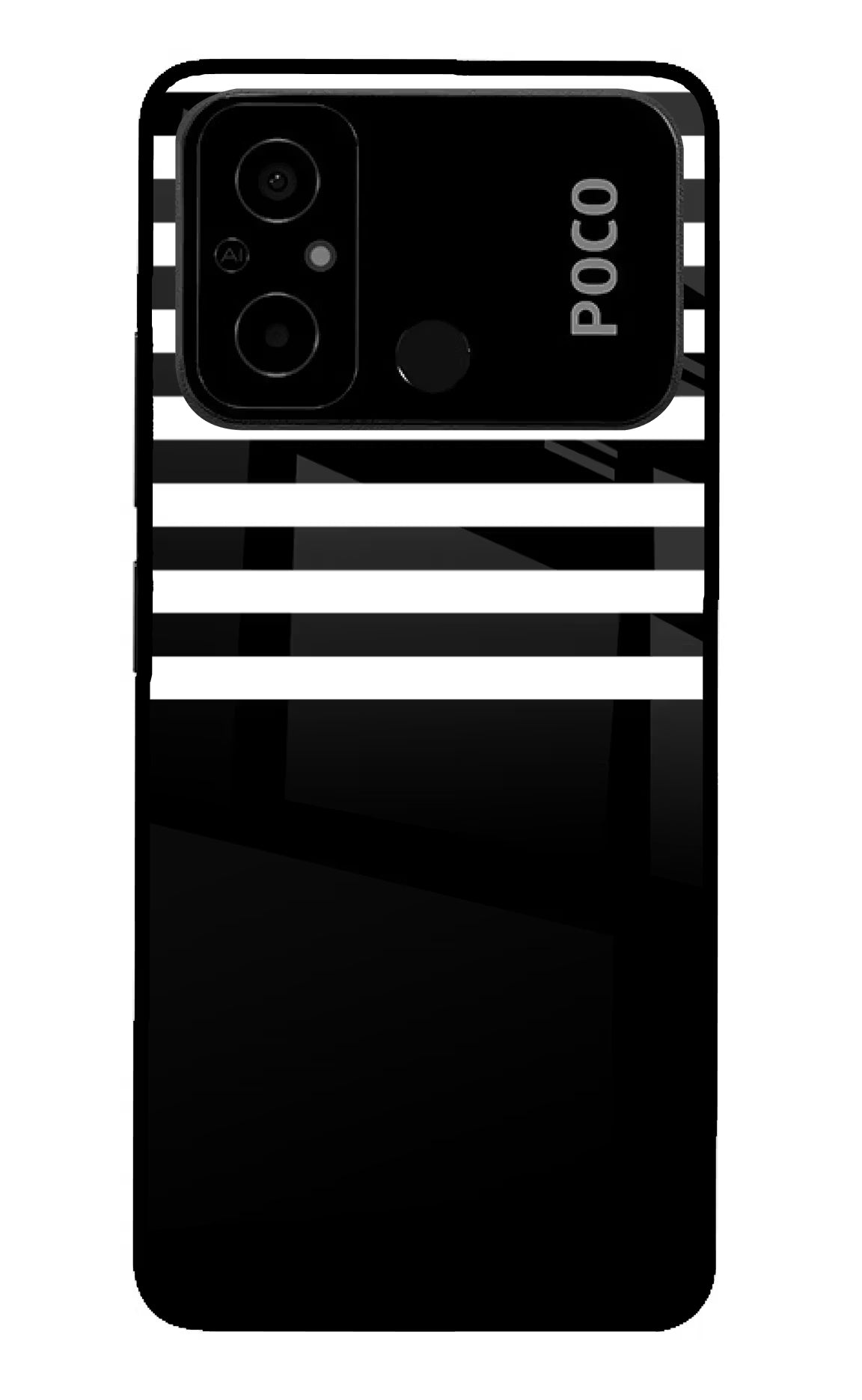 Black and White Print Poco C55 Glass Case Back Cover by Casekaro