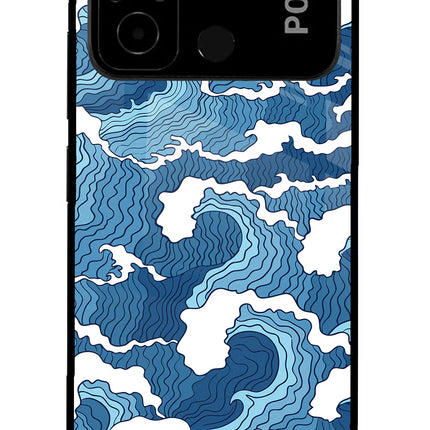 Blue Waves Poco C55 Glass Case Back Cover by Casekaro