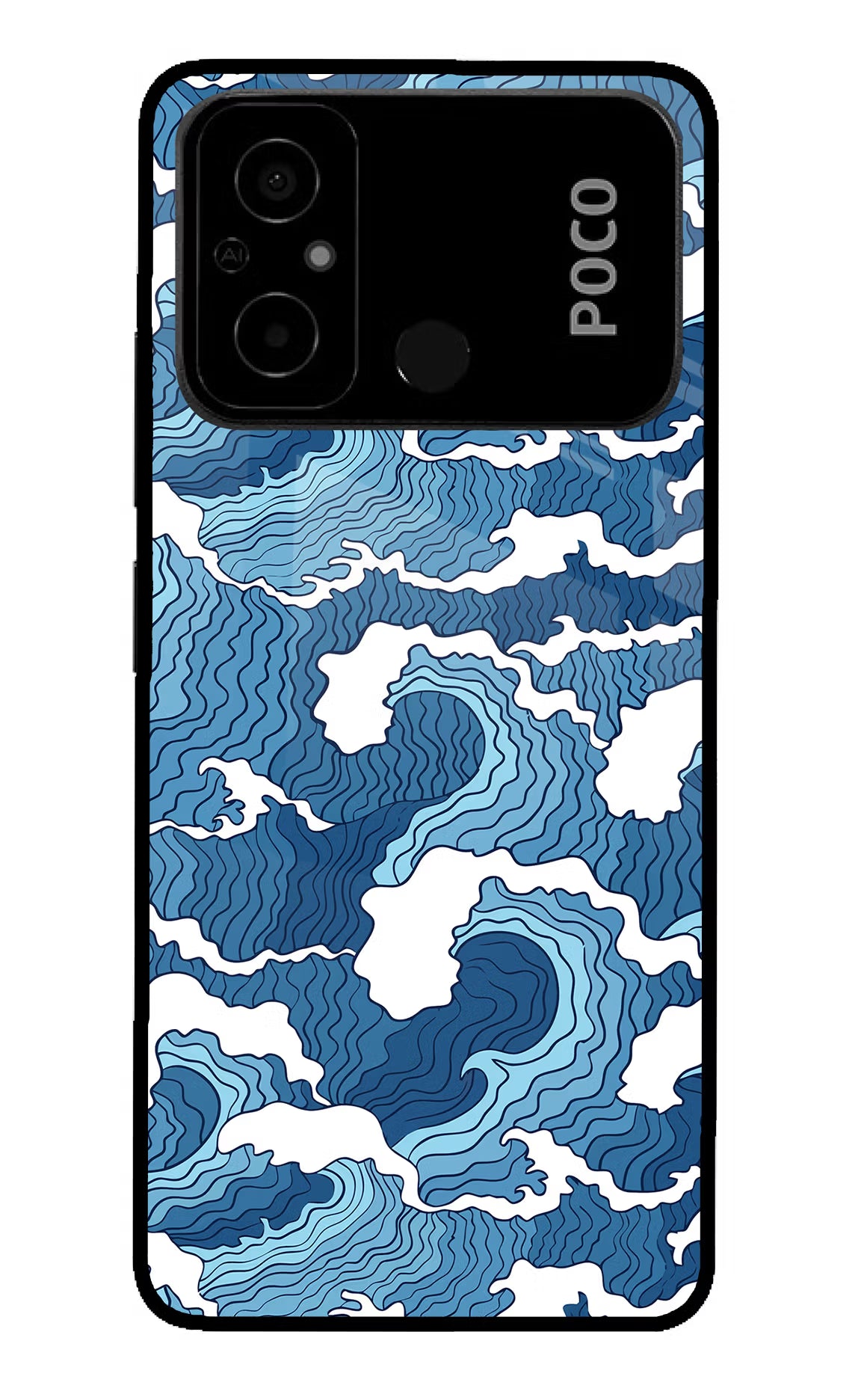 Blue Waves Poco C55 Glass Case Back Cover by Casekaro