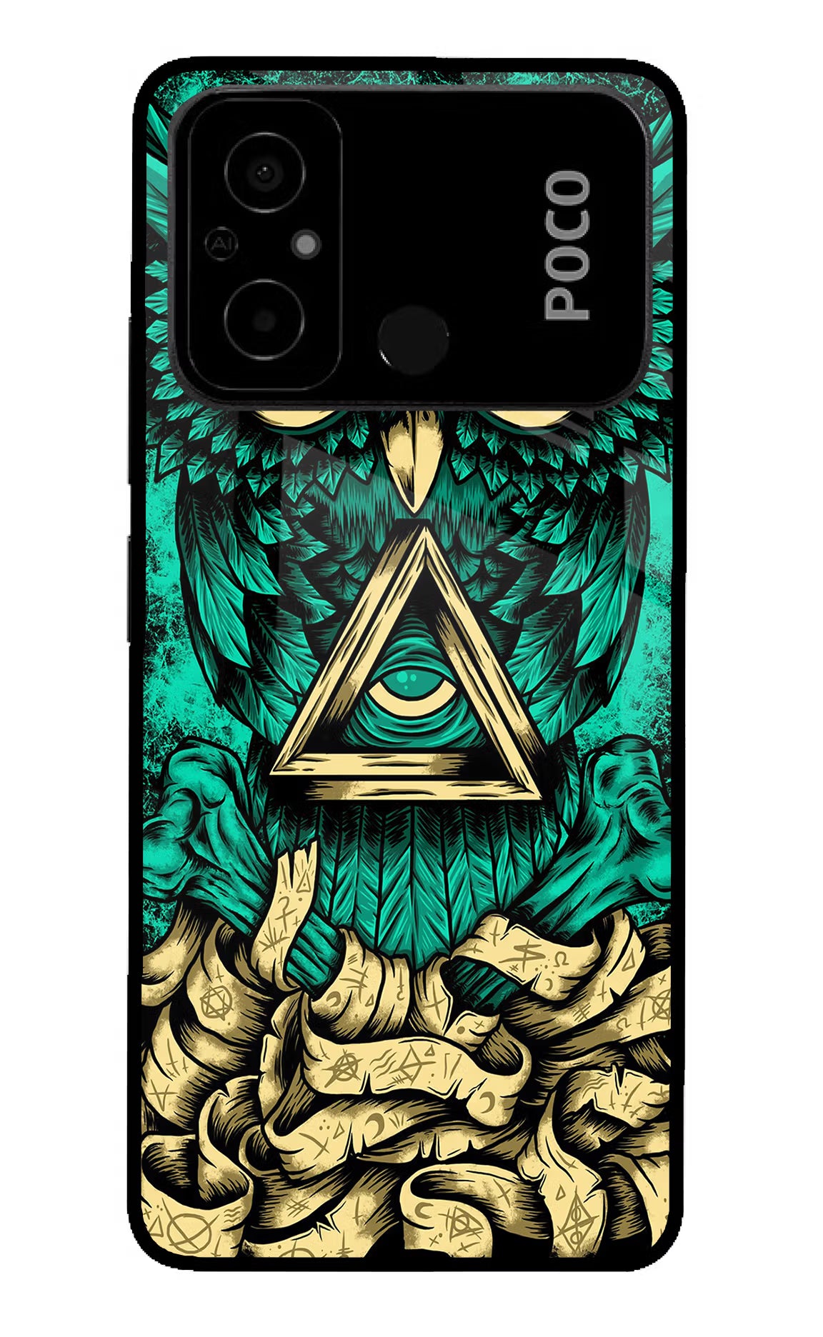 Green Owl Poco C55 Glass Case Back Cover by Casekaro