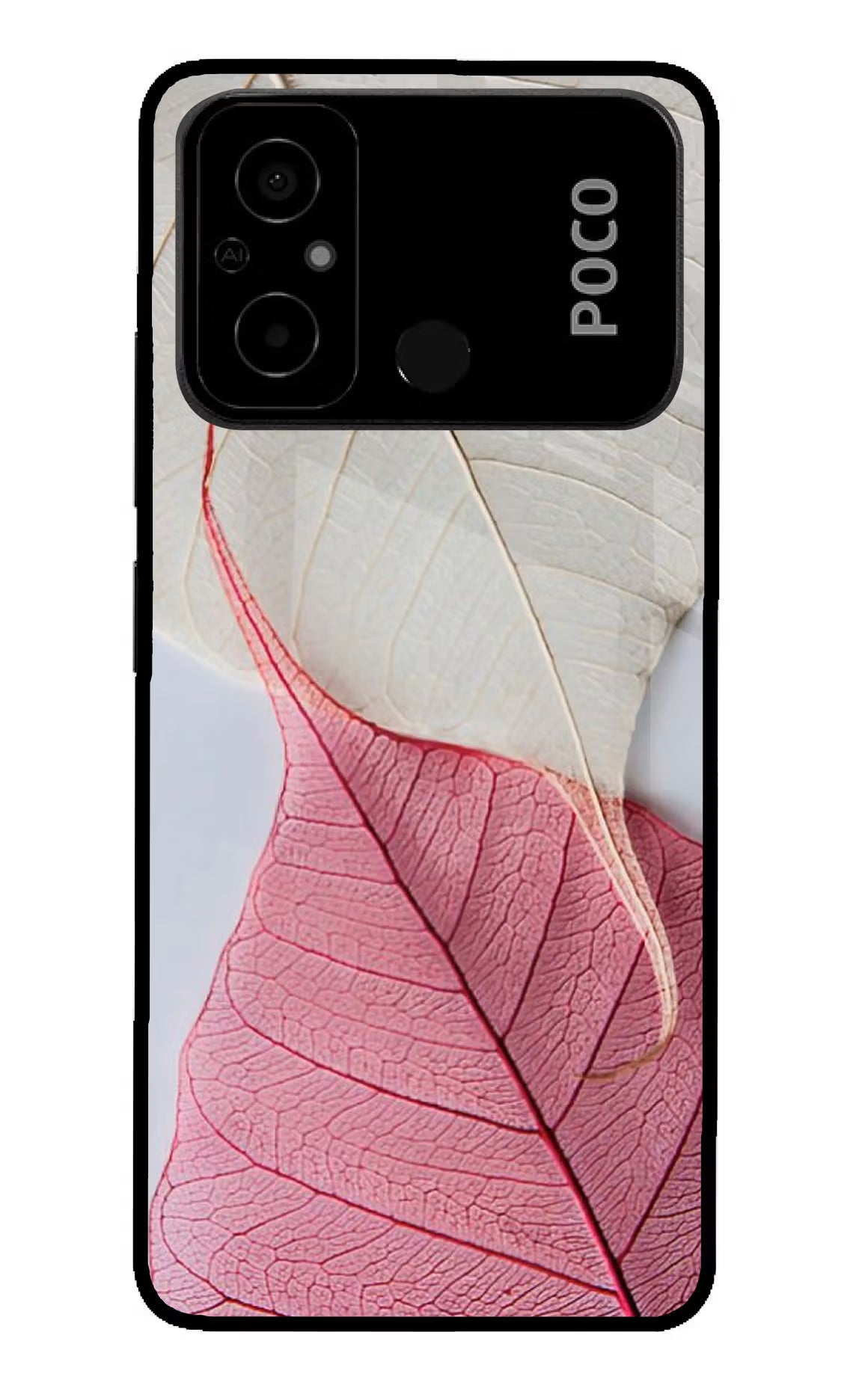 White Pink Leaf Poco C55 Glass Case Back Cover by Casekaro