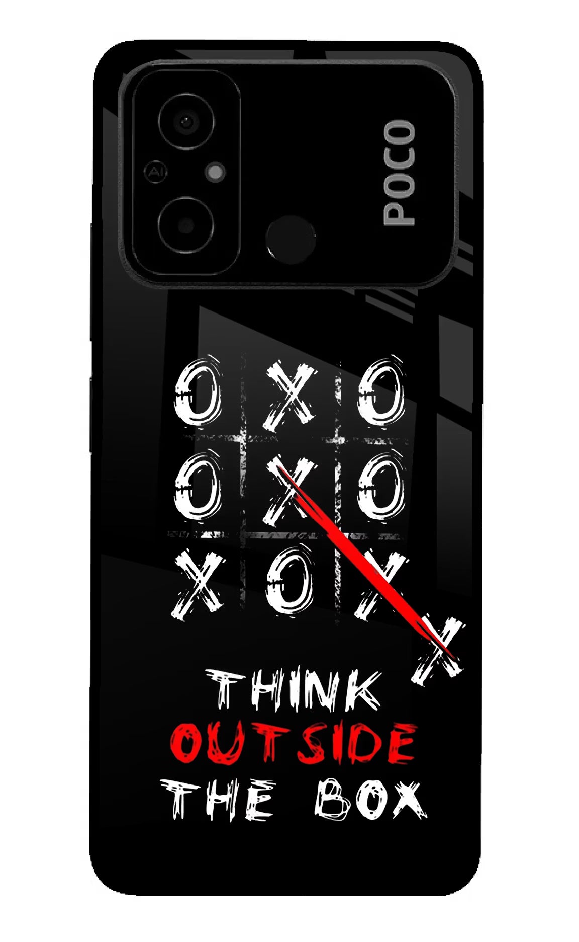 Think out of the BOX Poco C55 Glass Case Back Cover by Casekaro