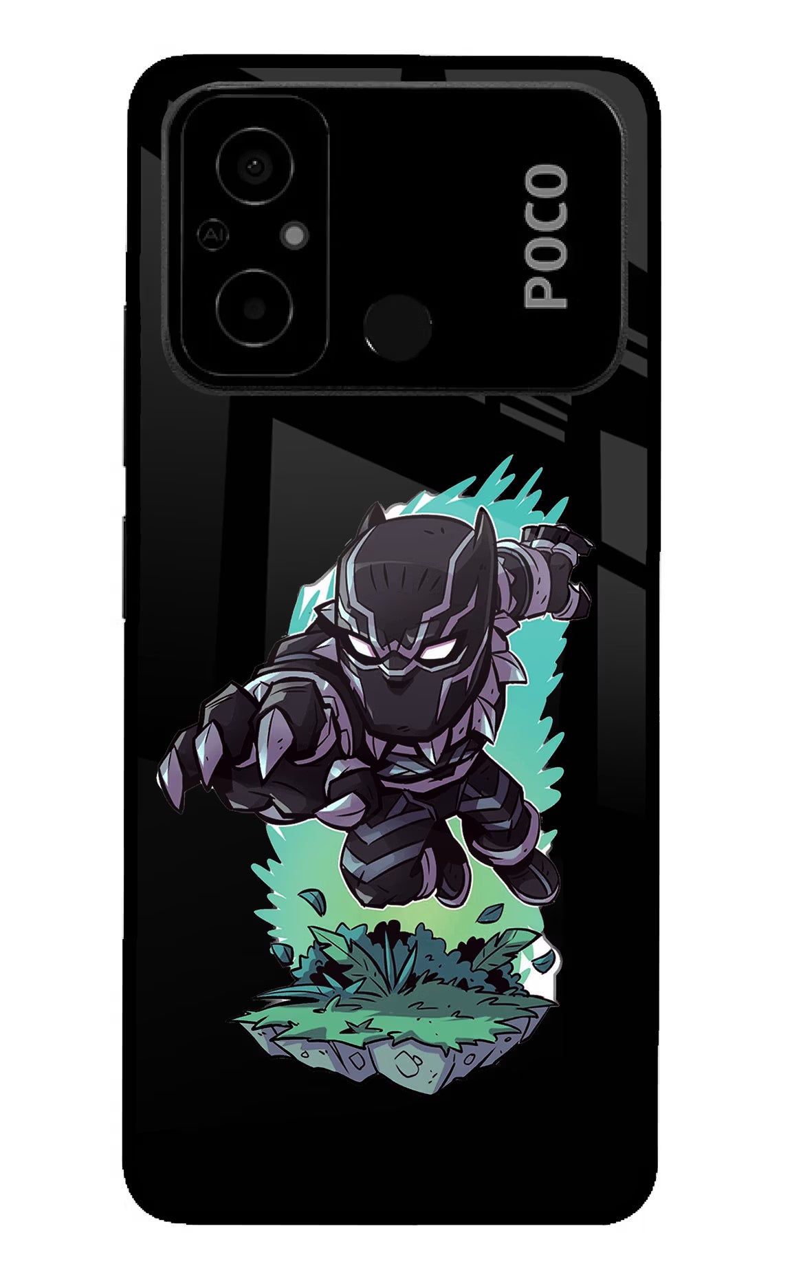 Black Panther Poco C55 Glass Case Back Cover by Casekaro