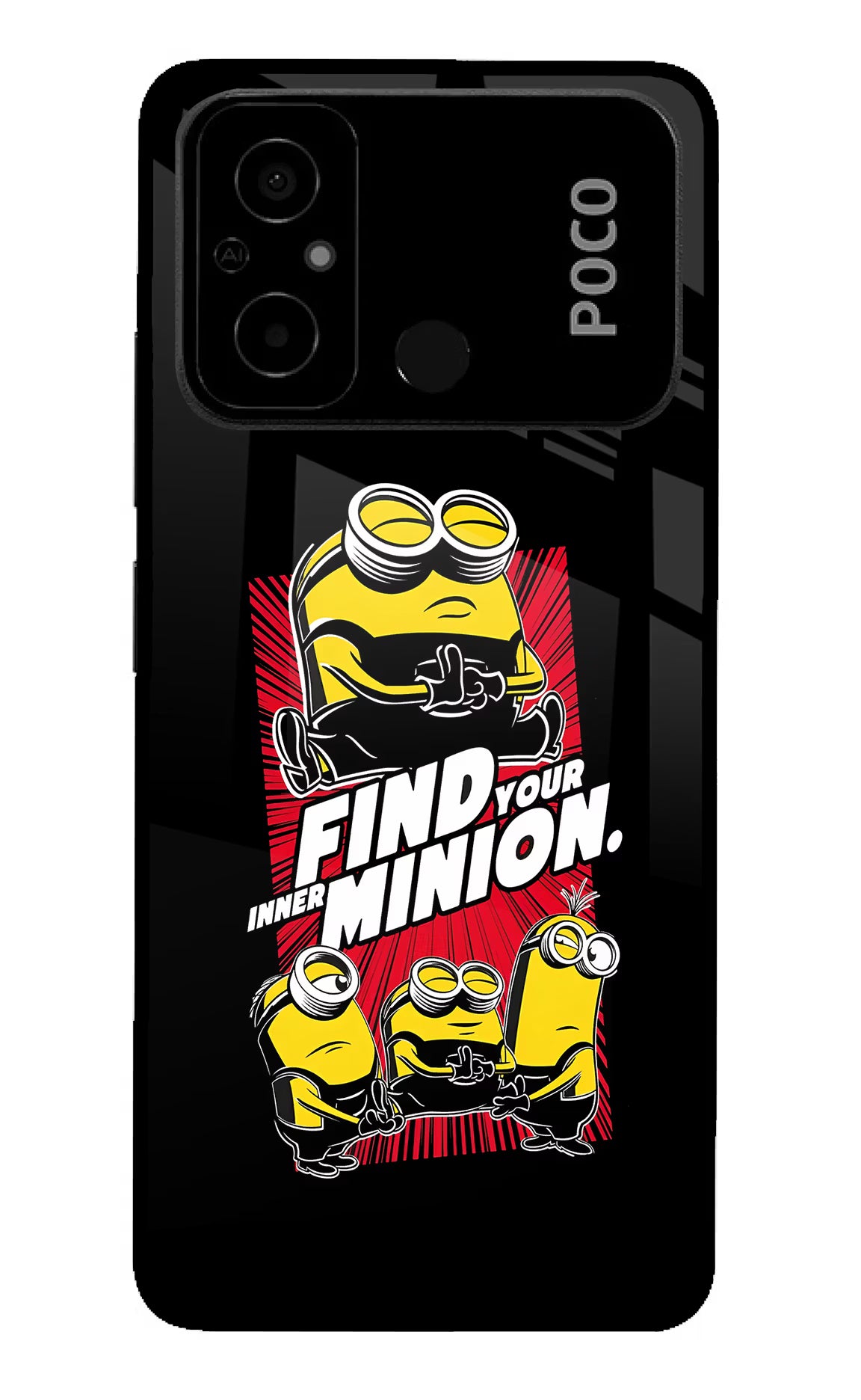 Find your inner Minion Poco C55 Glass Case Back Cover by Casekaro