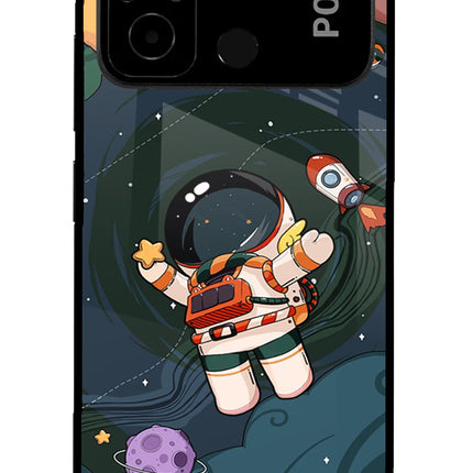Cartoon Astronaut Poco C55 Glass Case Back Cover by Casekaro