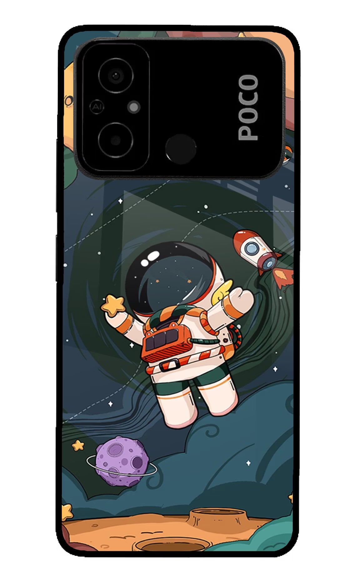 Cartoon Astronaut Poco C55 Glass Case Back Cover by Casekaro