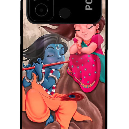 Radhe Krishna Poco C55 Glass Case Back Cover by Casekaro