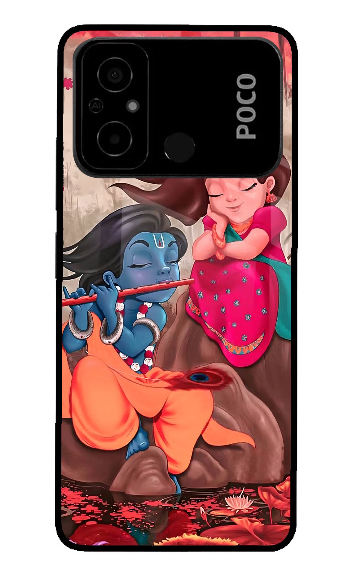 Radhe Krishna Poco C55 Glass Case Back Cover by Casekaro