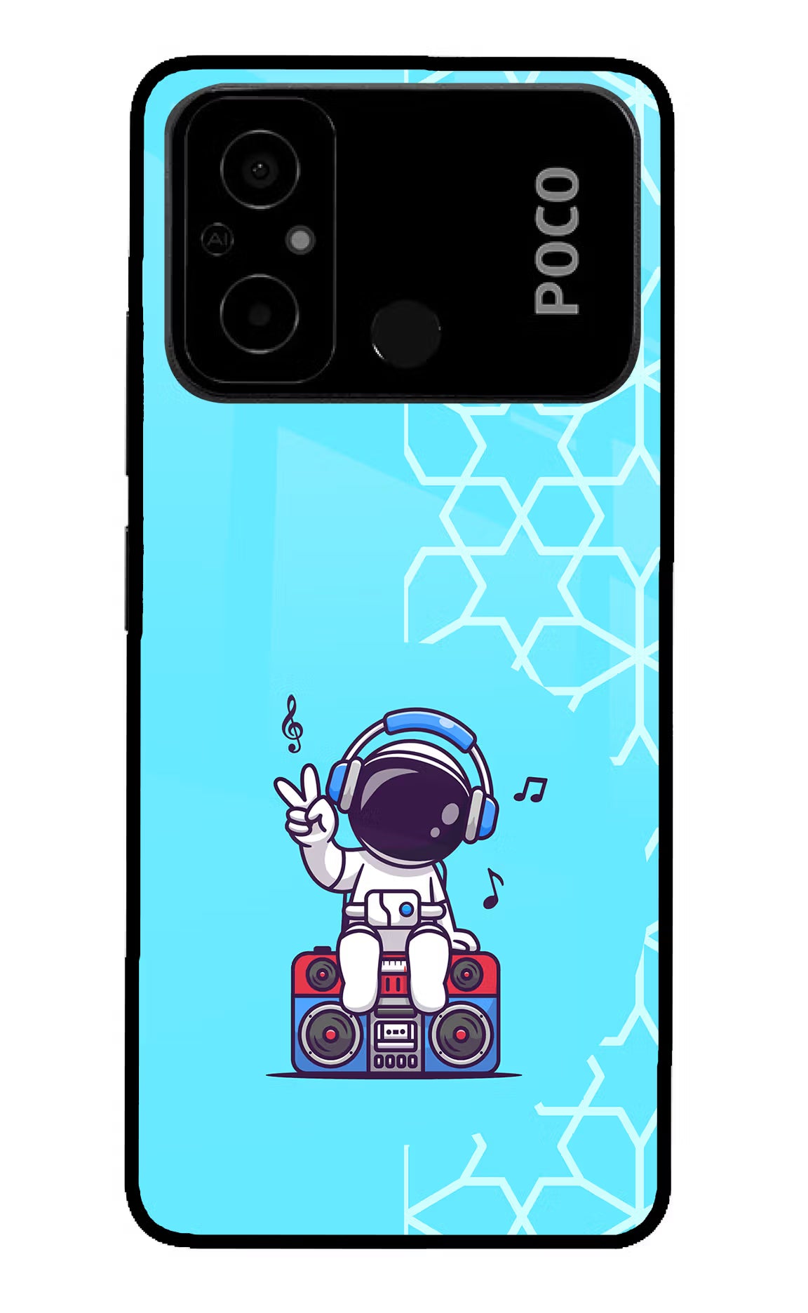 Cute Astronaut Chilling Poco C55 Glass Case Back Cover by Casekaro