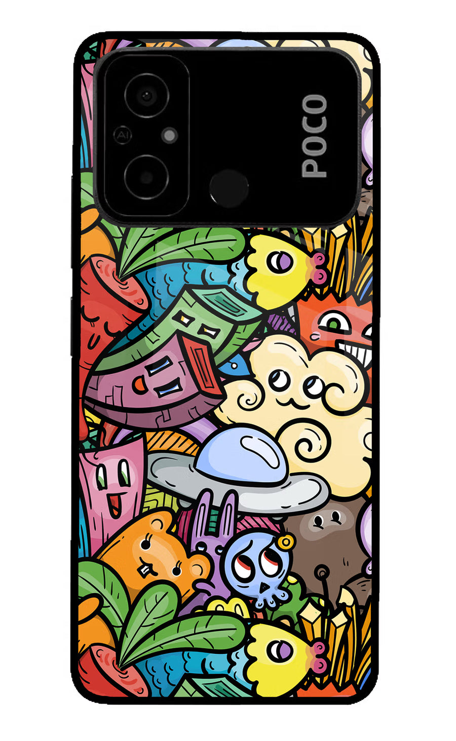 Veggie Doodle Poco C55 Back Cover, Glass case