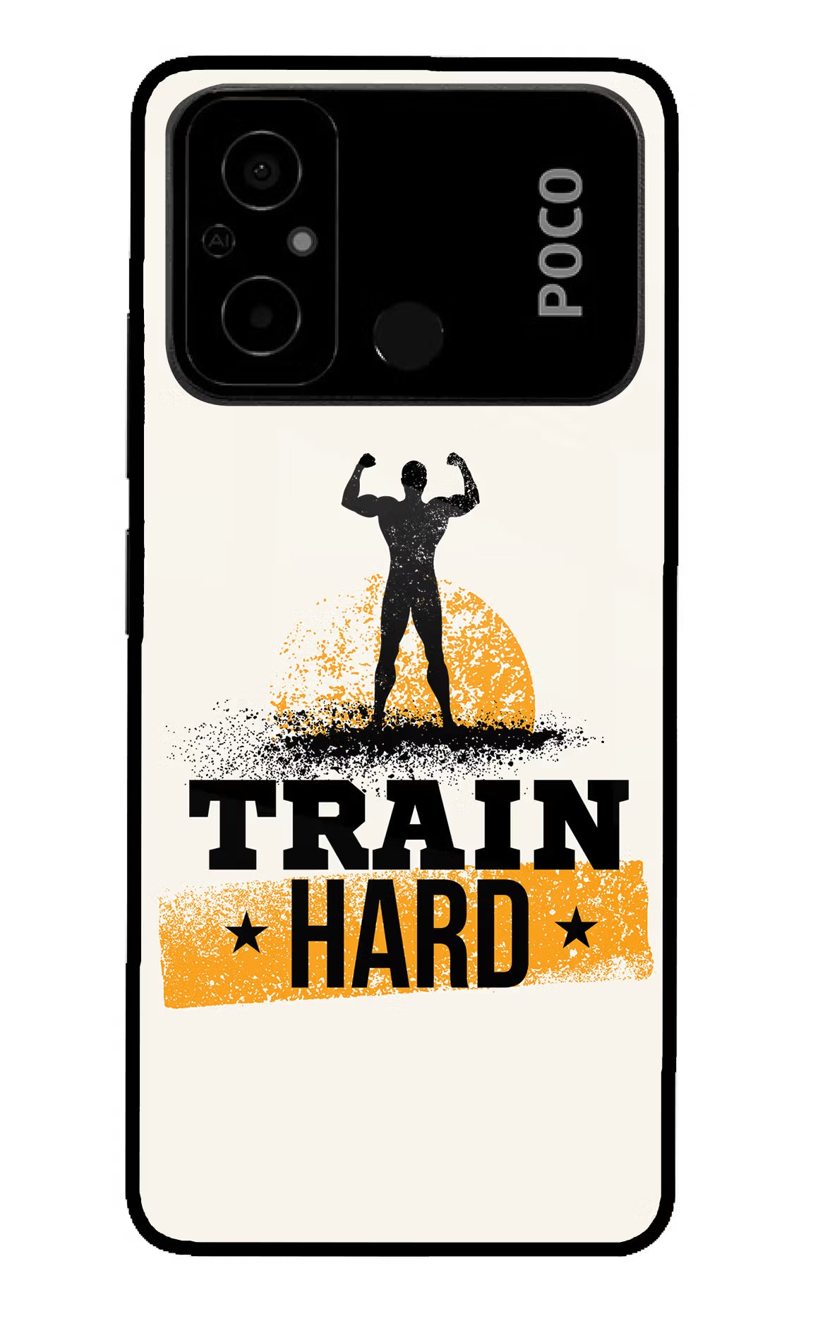 Train Hard Poco C55 Glass Case Back Cover by Casekaro