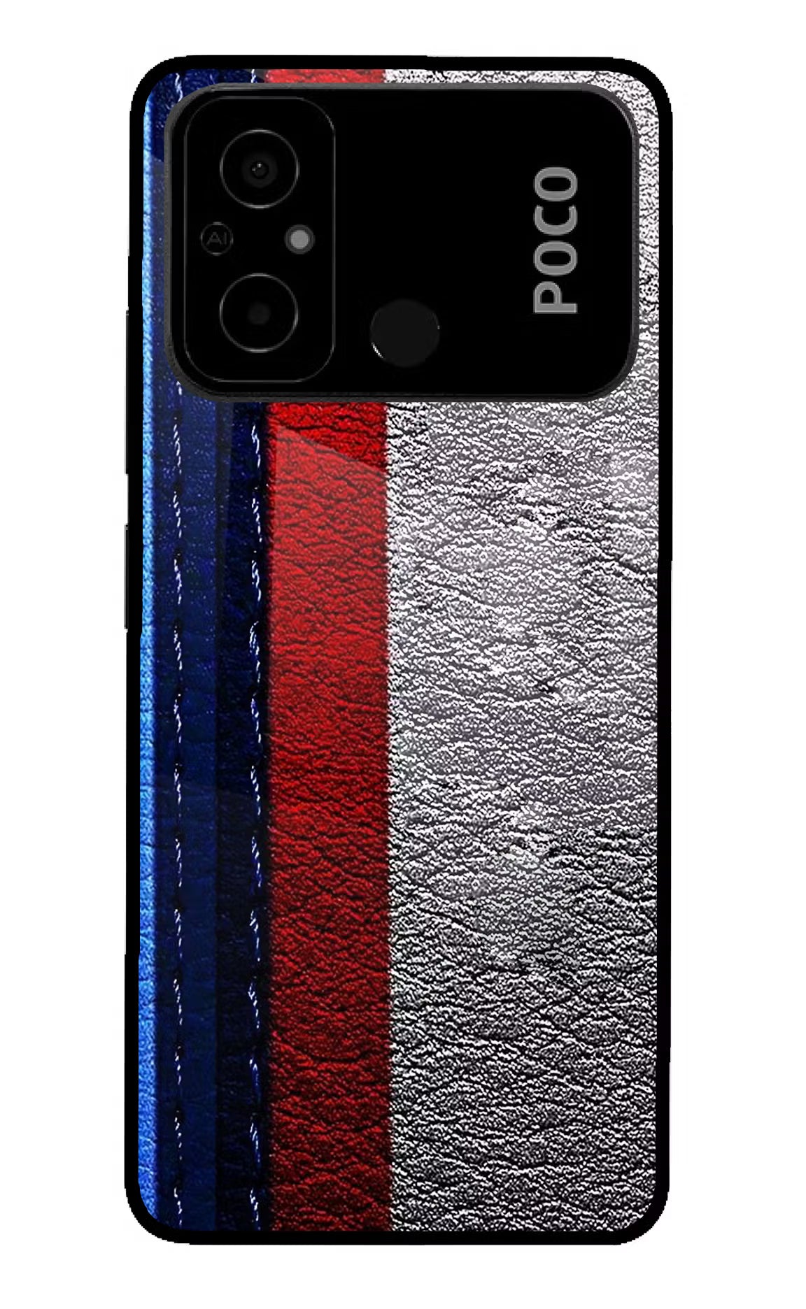 BMW Stripes Poco C55 Glass Case Back Cover by Casekaro