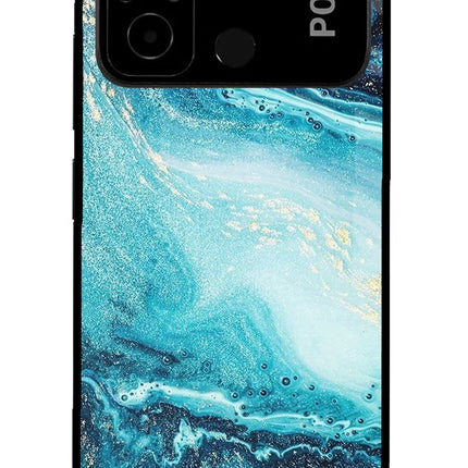 Blue Glitter Marble Poco C55 Glass Case