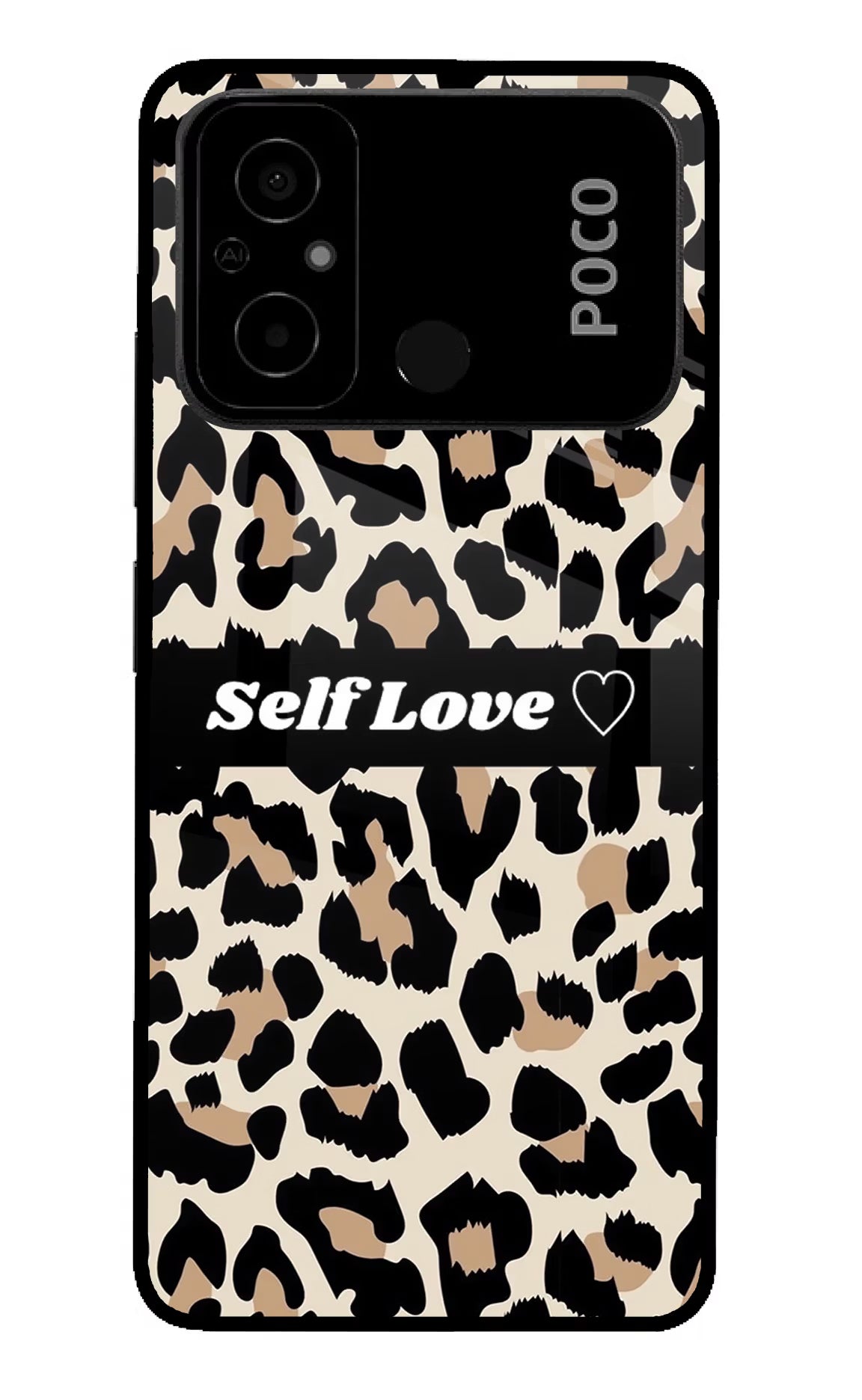 Leopard Print Self Love Poco C55 Glass Case Back Cover by Casekaro