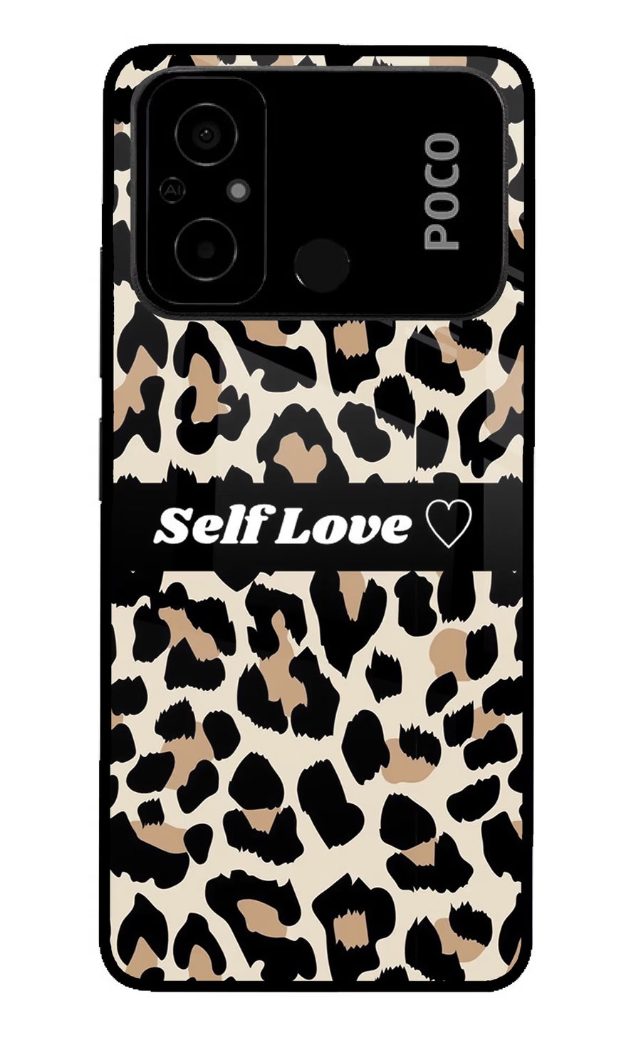 Leopard Print Self Love Poco C55 Back Cover, Glass case