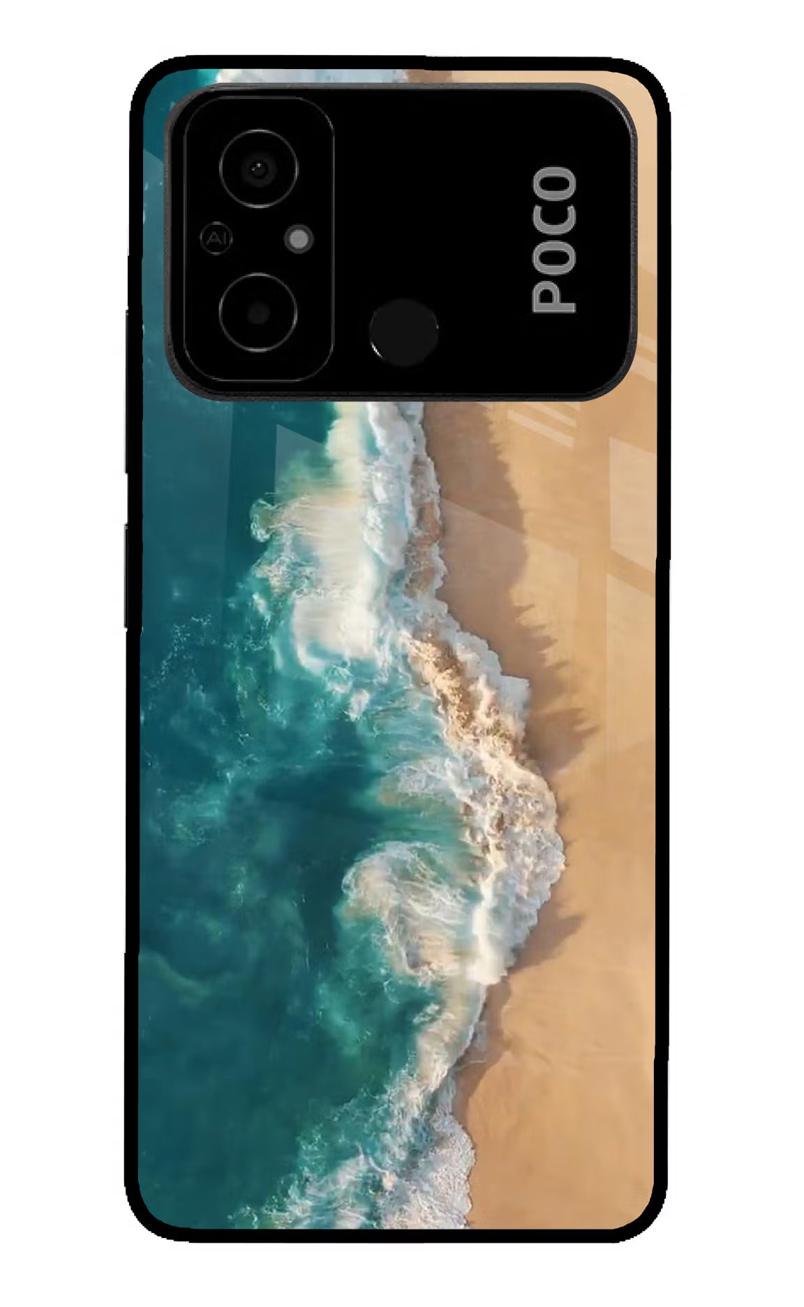 Ocean Beach Poco C55 Glass Case Back Cover by Casekaro