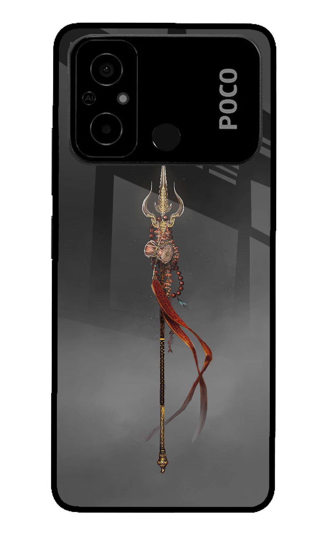Shiv Trishul Poco C55 Glass Case Back Cover by Casekaro