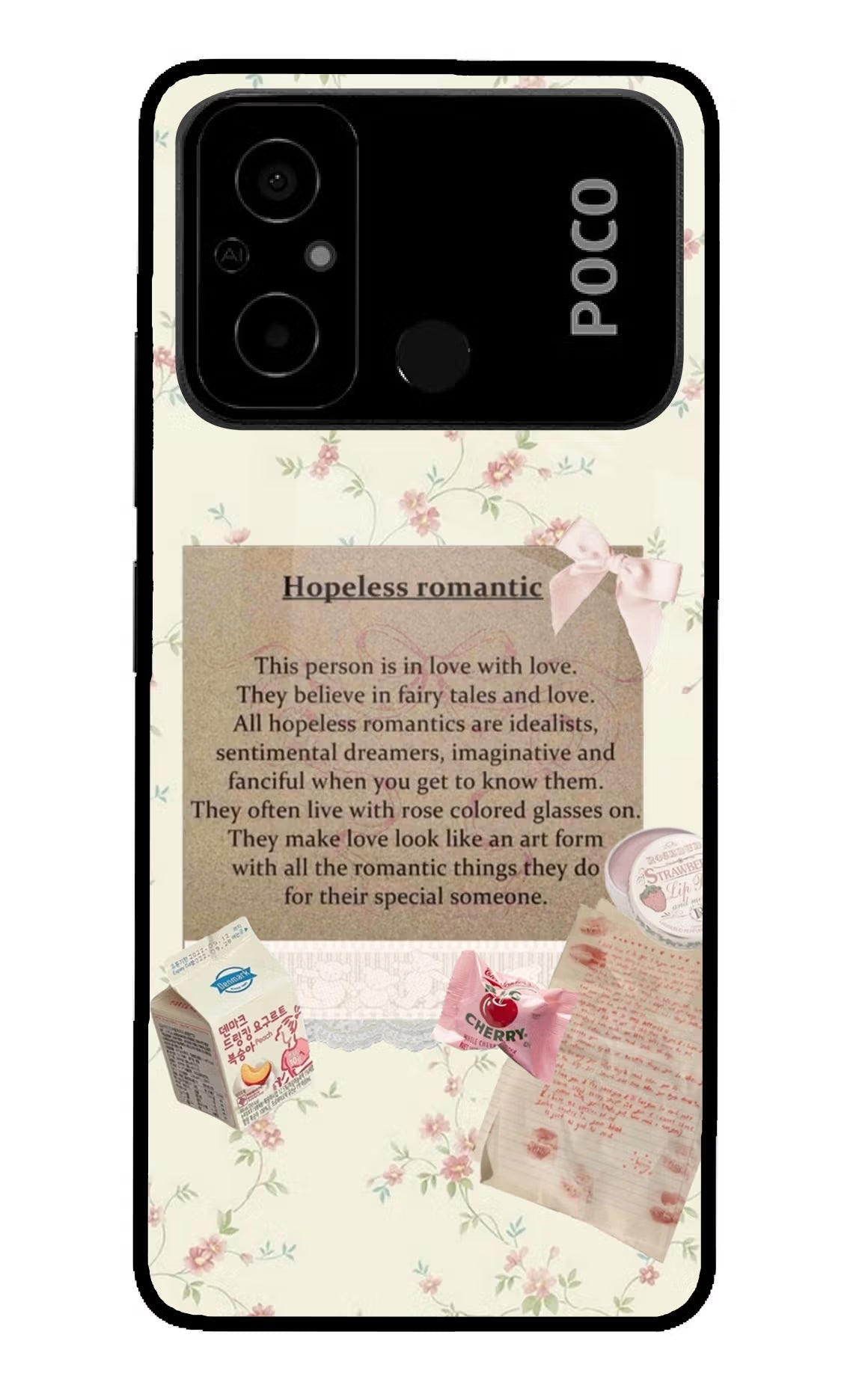 Hopeless Romantic Poco C55 Glass Case Back Cover by Casekaro