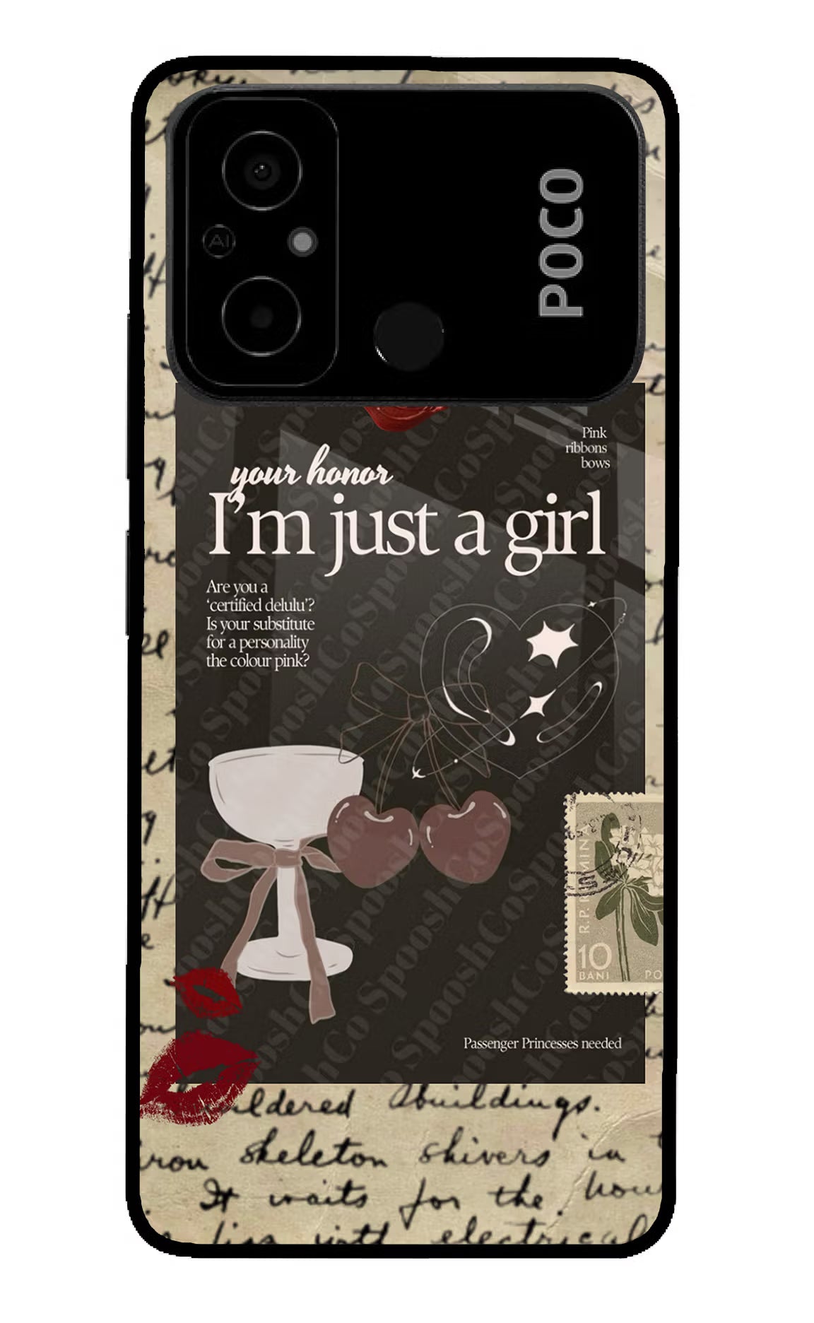 I am just a girl Poco C55 Glass Case Back Cover by Casekaro